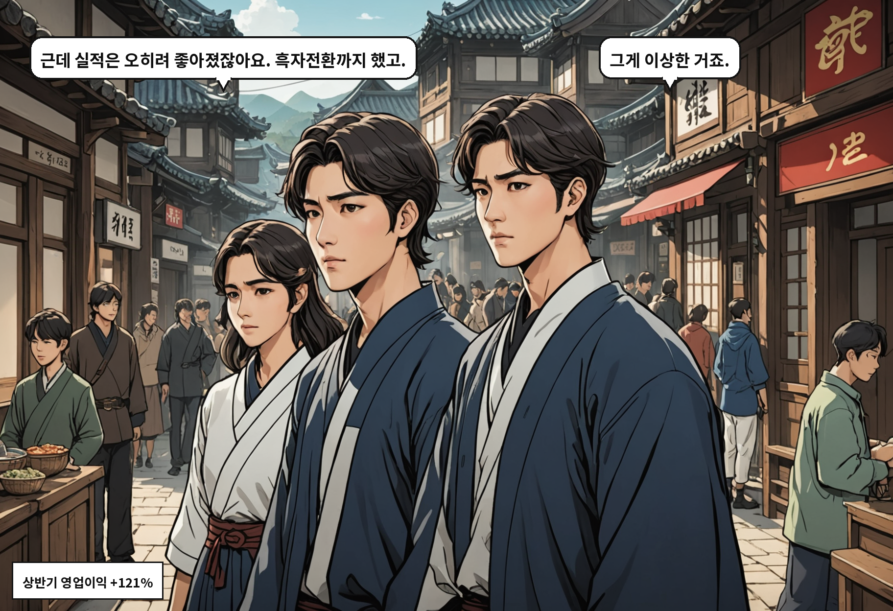 A: 근데 실적은 오히려 좋아졌잖아요. 흑자전환까지 했고. B: 그게 이상한 거죠.