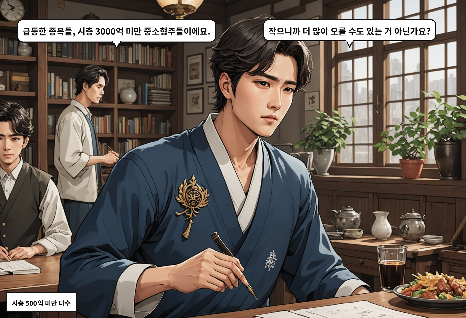 A: 급등한 종목들, 시총 3000억 미만 중소형주들이에요. B: 작으니까 더 많이 오를 수도 있는 거 아닌가요?