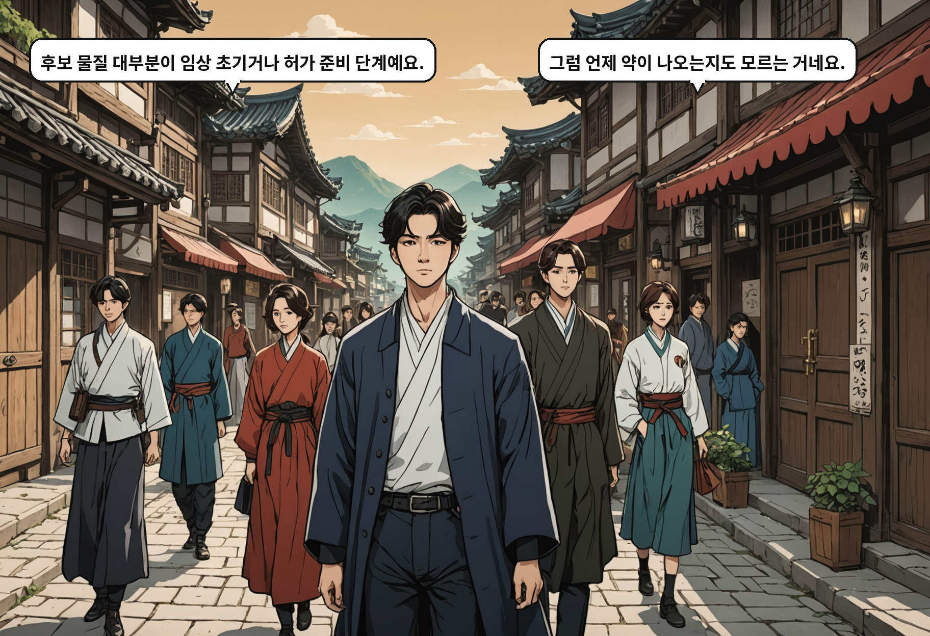 A: 후보 물질 대부분이 임상 초기거나 허가 준비 단계예요. B: 그럼 언제 약이 나오는지도 모르는 거네요.
