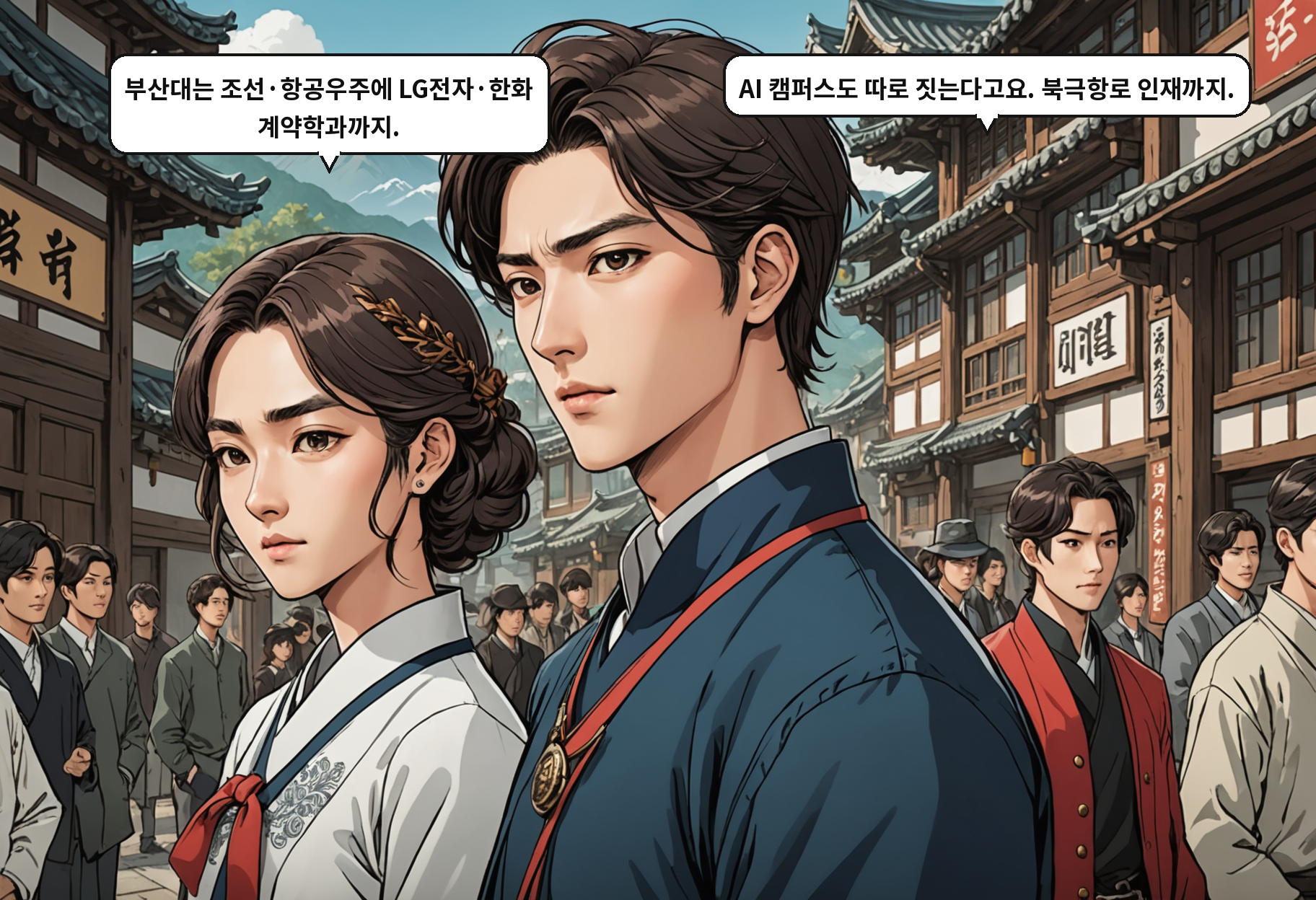 A: 부산대는 조선·항공우주에 LG전자·한화 계약학과까지. B: AI 캠퍼스도 따로 짓는다고요. 북극항로 인재까지.