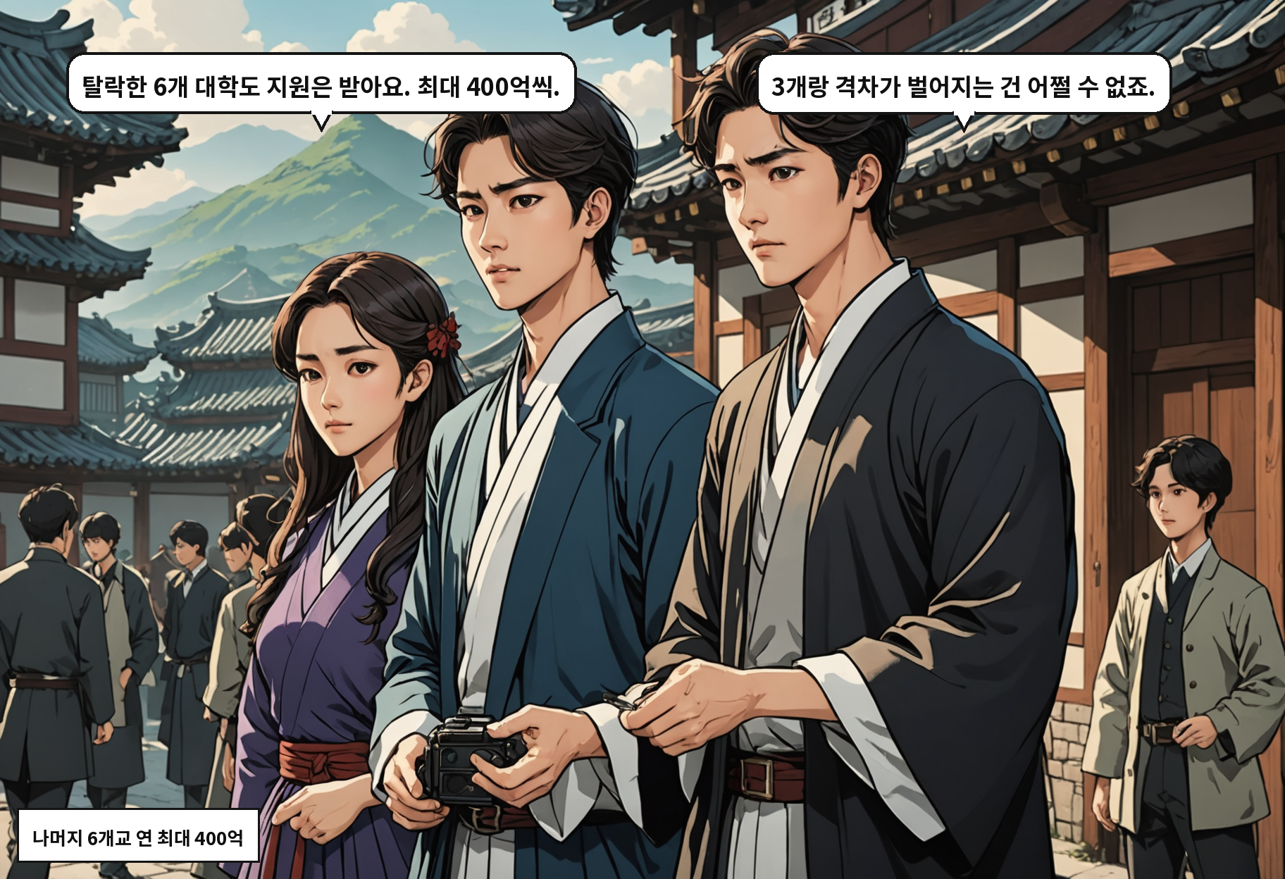 A: 탈락한 6개 대학도 지원은 받아요. 최대 400억씩. B: 3개랑 격차가 벌어지는 건 어쩔 수 없죠.