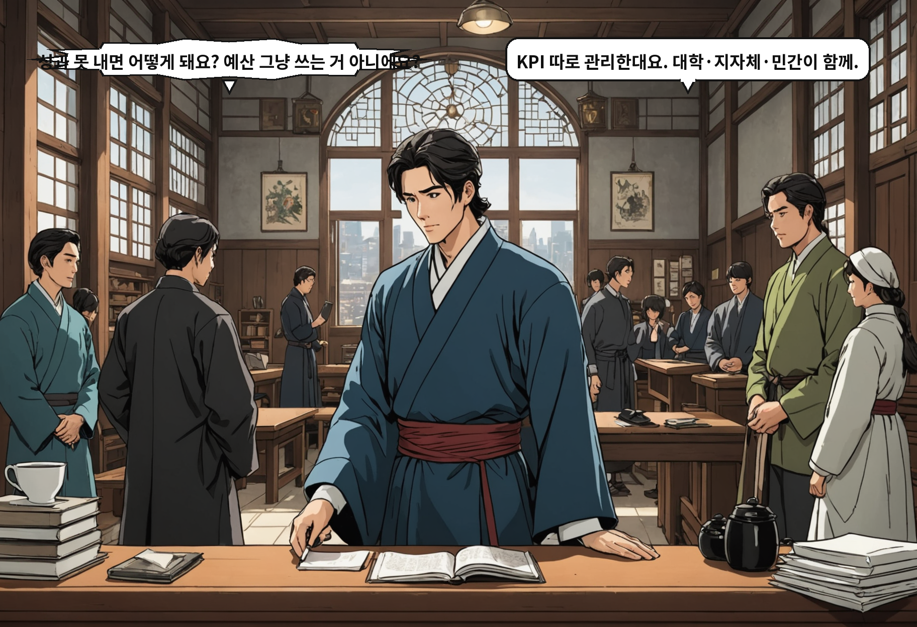 A: 성과 못 내면 어떻게 돼요? 예산 그냥 쓰는 거 아니에요? B: KPI 따로 관리한대요. 대학·지자체·민간이 함께.