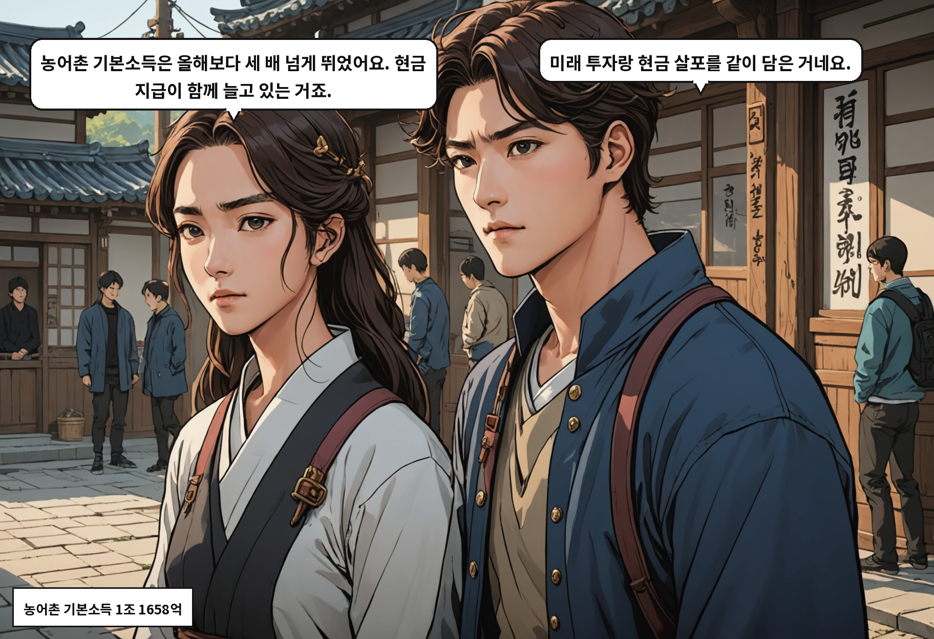 A: 농어촌 기본소득은 올해보다 세 배 넘게 뛰었어요. 현금 지급이 함께 늘고 있는 거죠. B: 미래 투자랑 현금 살포를 같이 담은 거네요.