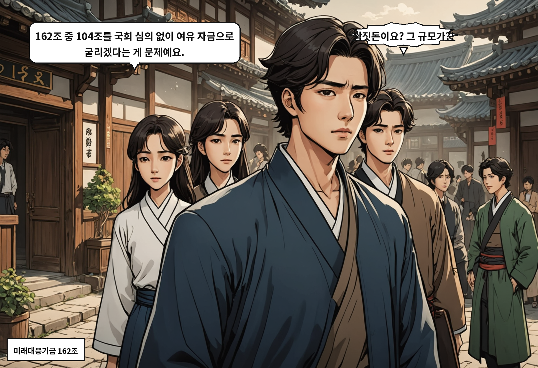 A: 162조 중 104조를 국회 심의 없이 여유 자금으로 굴리겠다는 게 문제예요. B: 쌈짓돈이요? 그 규모가?!