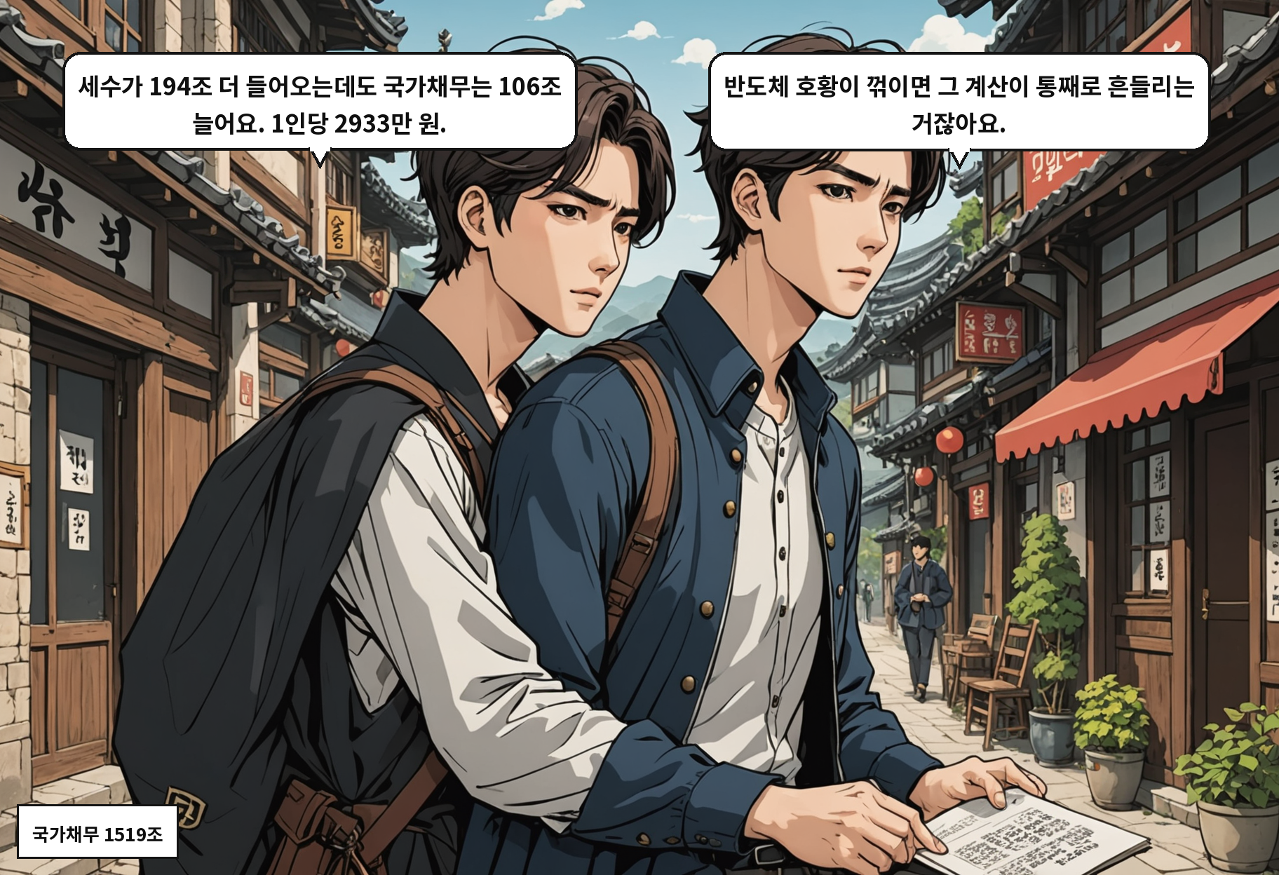 A: 세수가 194조 더 들어오는데도 국가채무는 106조 늘어요. 1인당 2933만 원. B: 반도체 호황이 꺾이면 그 계산이 통째로 흔들리는 거잖아요.