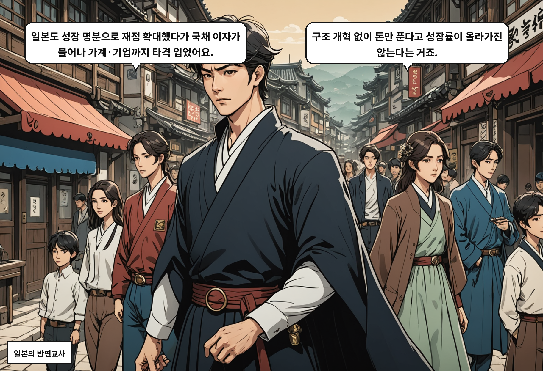 A: 일본도 성장 명분으로 재정 확대했다가 국채 이자가 불어나 가계·기업까지 타격 입었어요. B: 구조 개혁 없이 돈만 푼다고 성장률이 올라가진 않는다는 거죠.