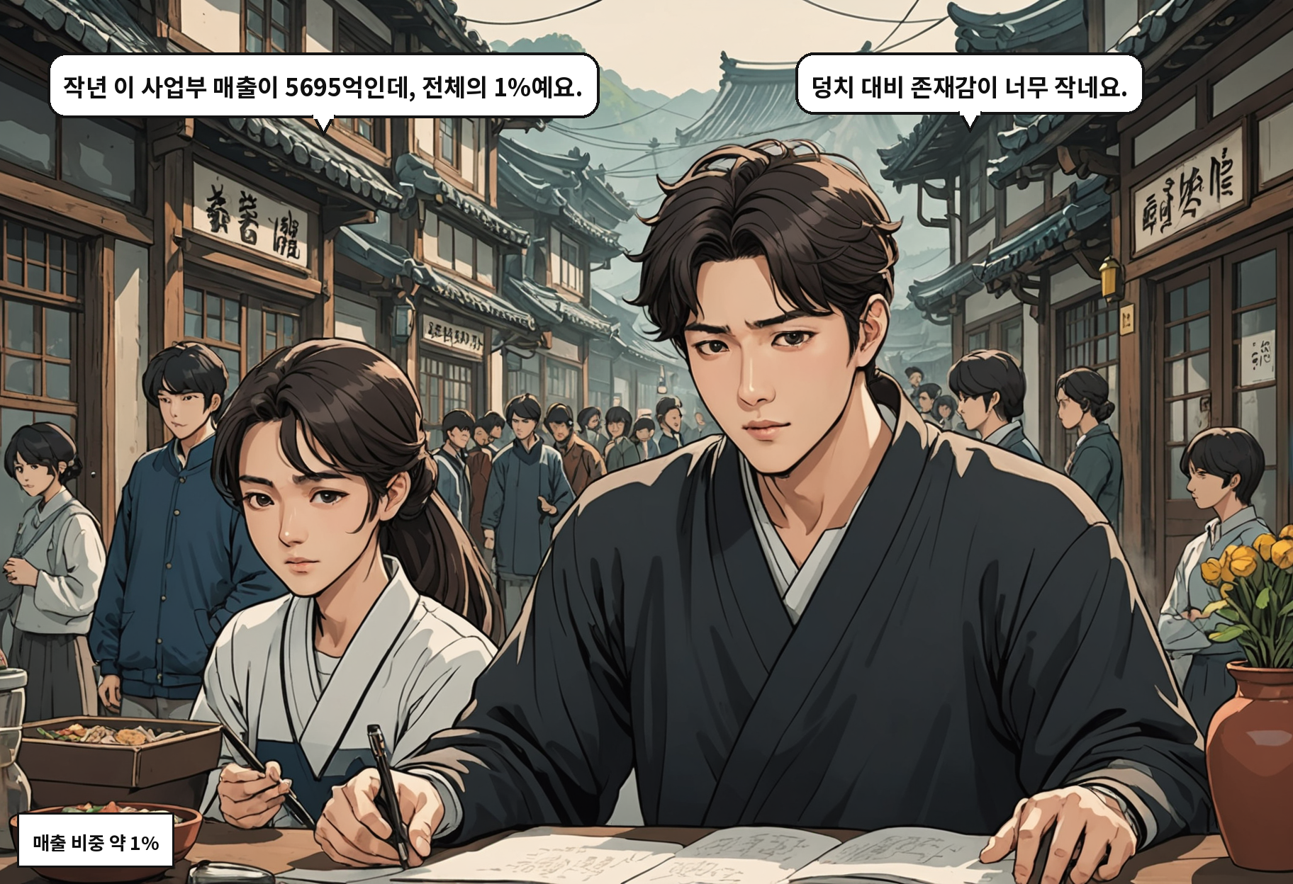 A: 작년 이 사업부 매출이 5695억인데, 전체의 1%예요. B: 덩치 대비 존재감이 너무 작네요.
