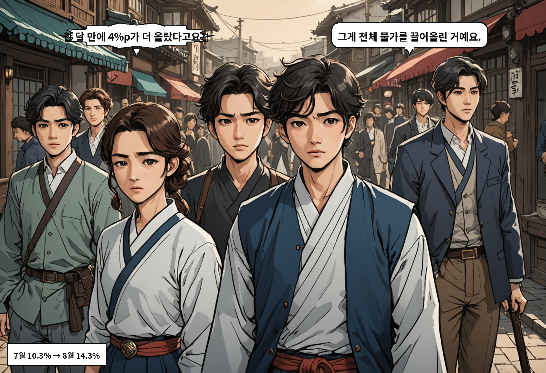 A: 한 달 만에 4%p가 더 올랐다고요?! B: 그게 전체 물가를 끌어올린 거예요.