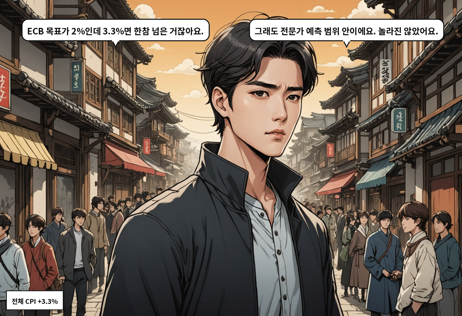 B: ECB 목표가 2%인데 3.3%면 한참 넘은 거잖아요. A: 그래도 전문가 예측 범위 안이에요. 놀라진 않았어요.