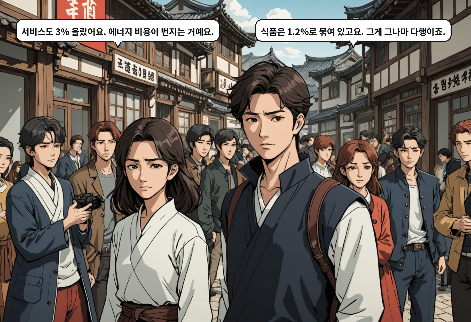 B: 서비스도 3% 올랐어요. 에너지 비용이 번지는 거예요. A: 식품은 1.2%로 묶여 있고요. 그게 그나마 다행이죠.