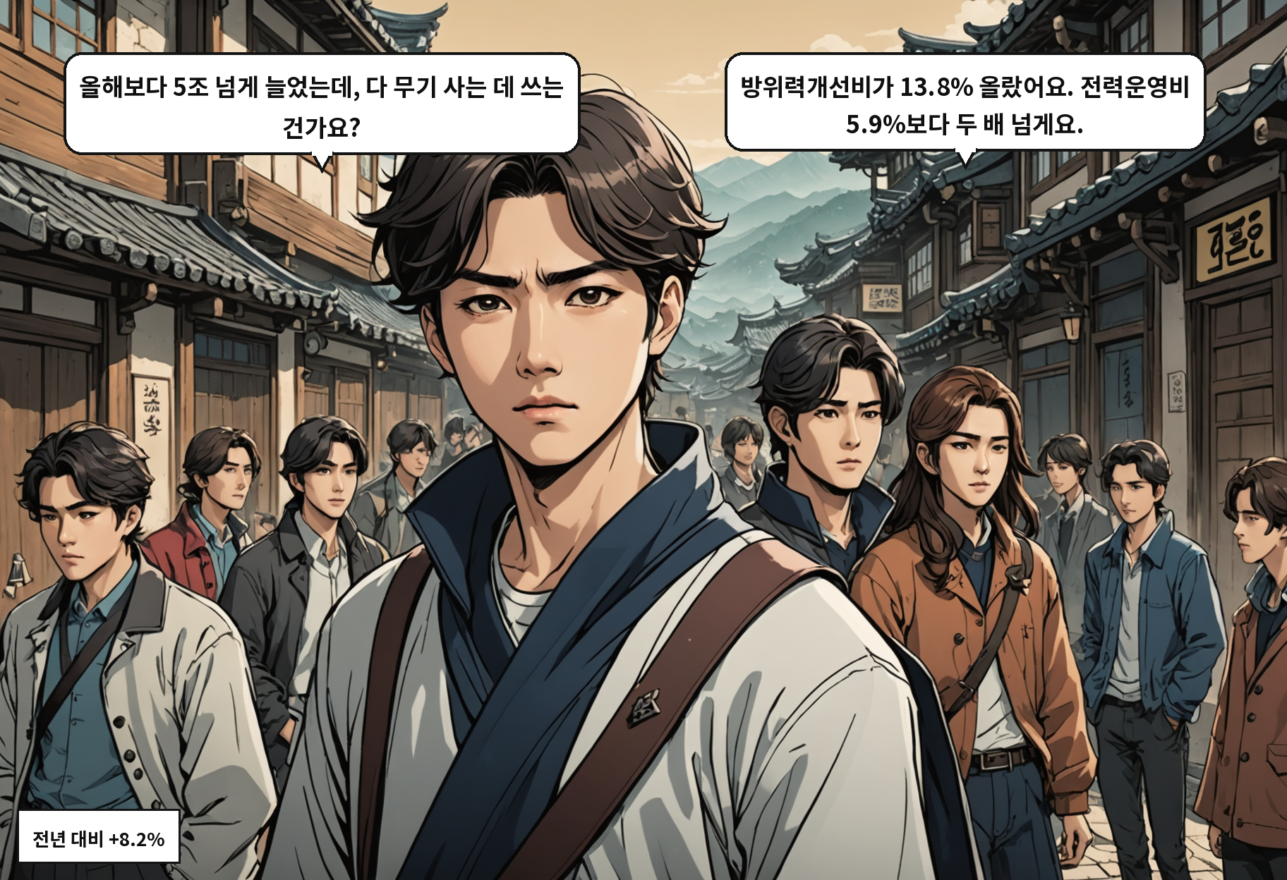 B: 올해보다 5조 넘게 늘었는데, 다 무기 사는 데 쓰는 건가요? A: 방위력개선비가 13.8% 올랐어요. 전력운영비 5.9%보다 두 배 넘게요.