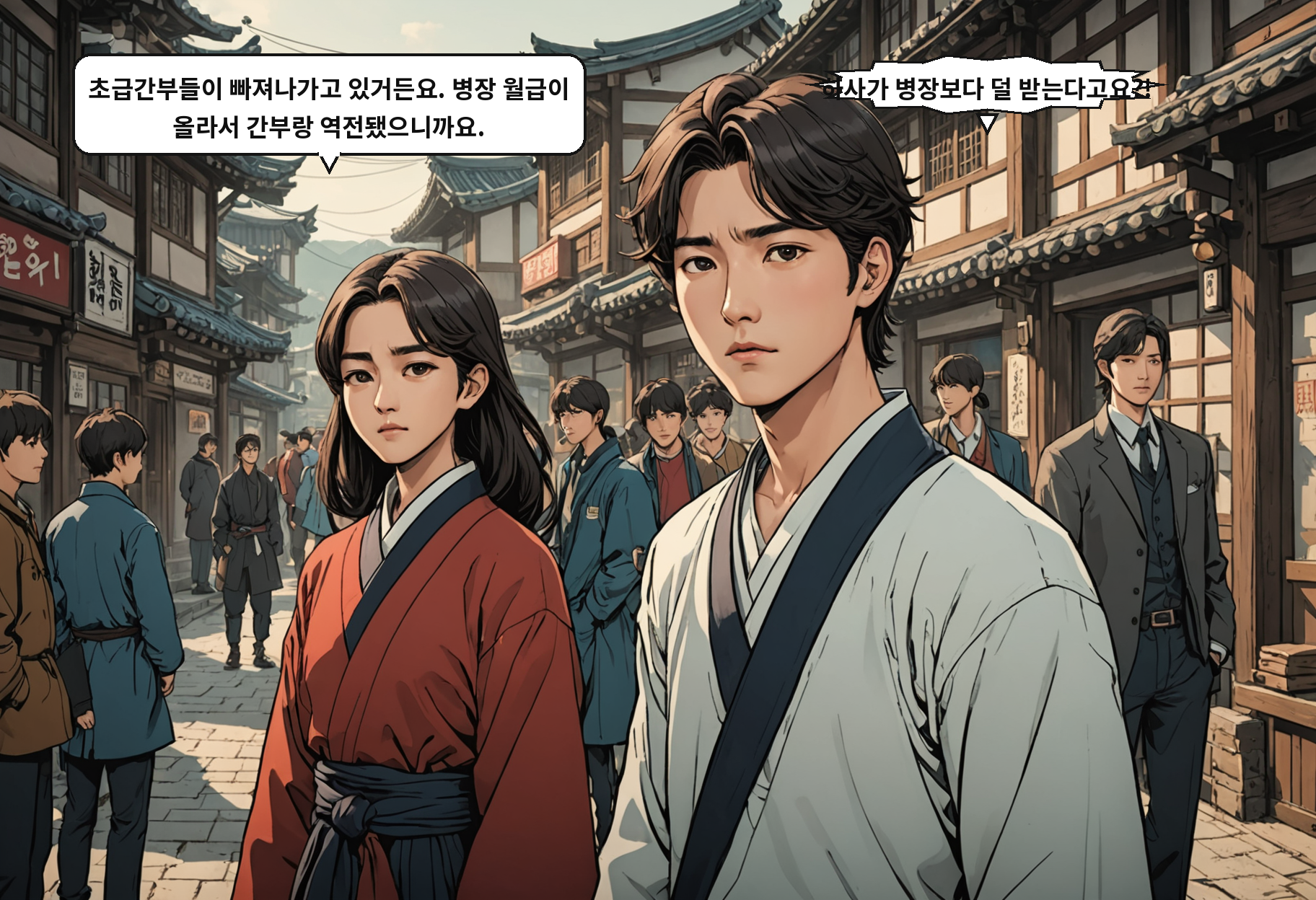 A: 초급간부들이 빠져나가고 있거든요. 병장 월급이 올라서 간부랑 역전됐으니까요. B: 하사가 병장보다 덜 받는다고요?!