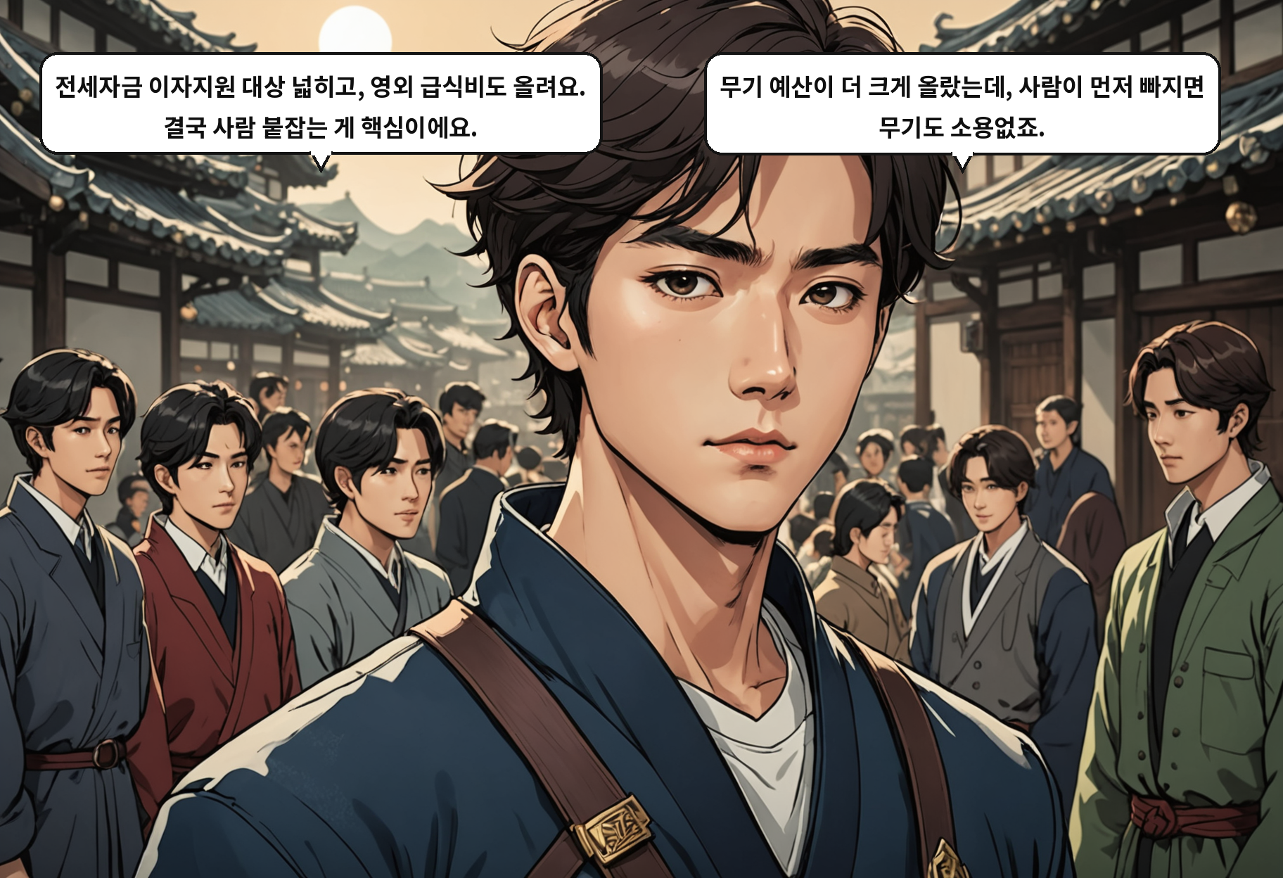A: 전세자금 이자지원 대상 넓히고, 영외 급식비도 올려요. 결국 사람 붙잡는 게 핵심이에요. B: 무기 예산이 더 크게 올랐는데, 사람이 먼저 빠지면 무기도 소용없죠.