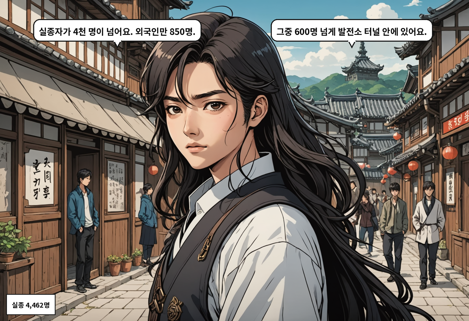 B: 실종자가 4천 명이 넘어요. 외국인만 850명. A: 그중 600명 넘게 발전소 터널 안에 있어요.