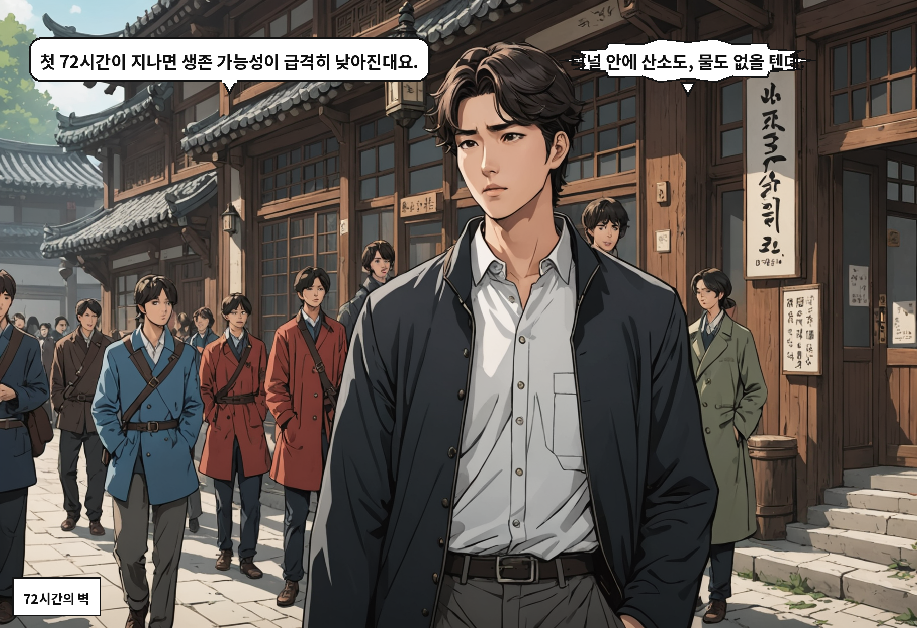 A: 첫 72시간이 지나면 생존 가능성이 급격히 낮아진대요. B: 터널 안에 산소도, 물도 없을 텐데.