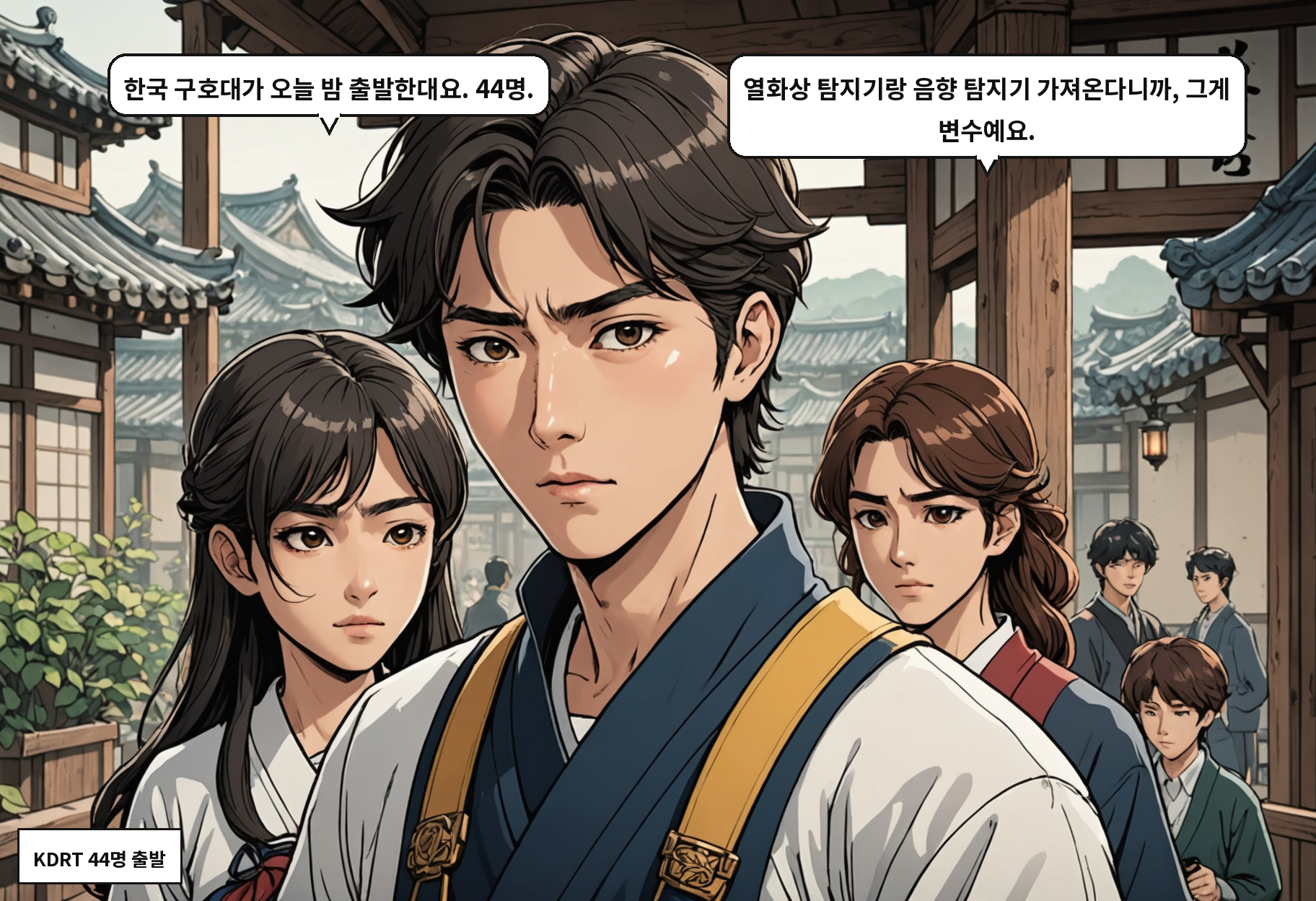 B: 한국 구호대가 오늘 밤 출발한대요. 44명. A: 열화상 탐지기랑 음향 탐지기 가져온다니까, 그게 변수예요.