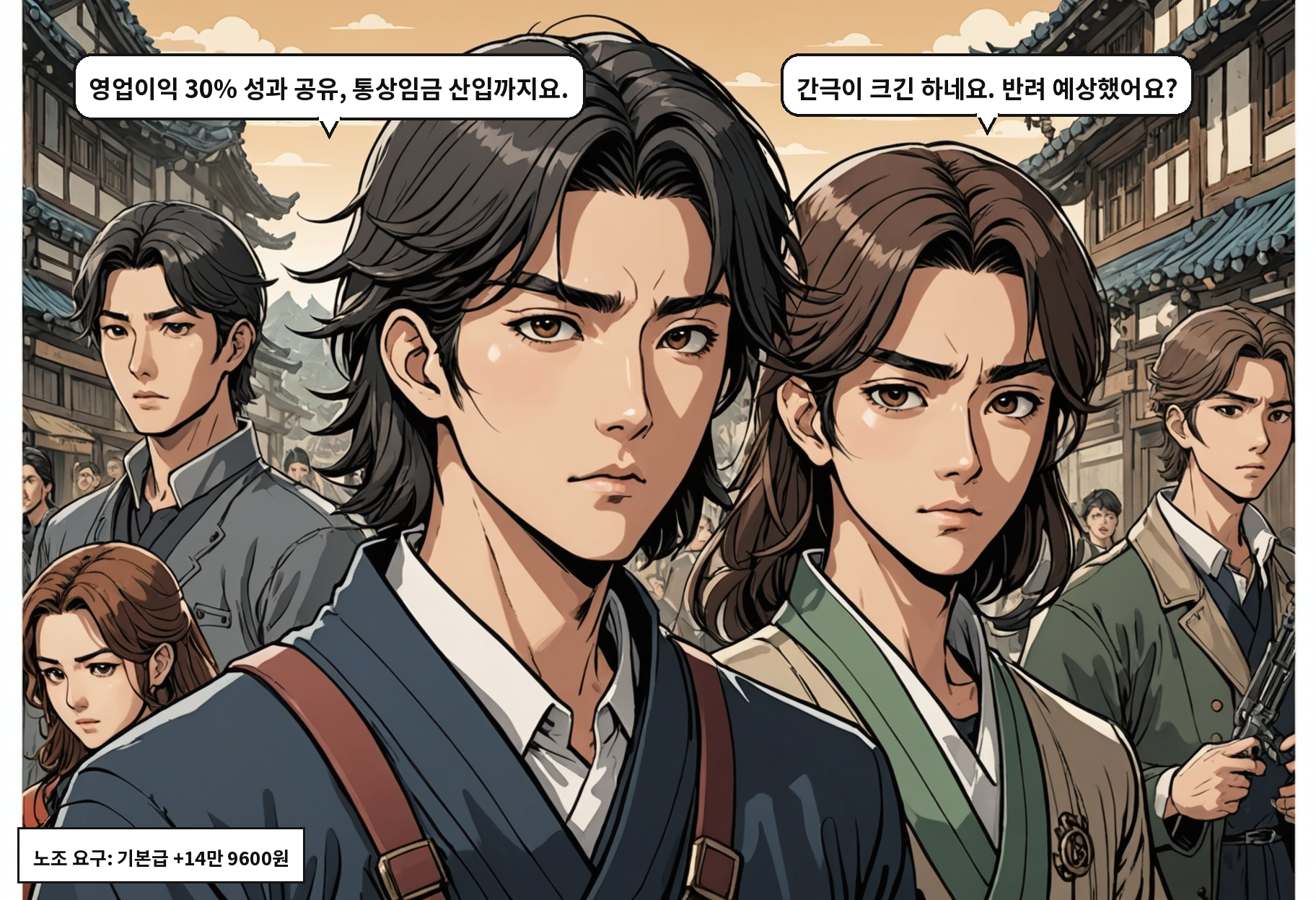 A: 영업이익 30% 성과 공유, 통상임금 산입까지요. B: 간극이 크긴 하네요. 반려 예상했어요?