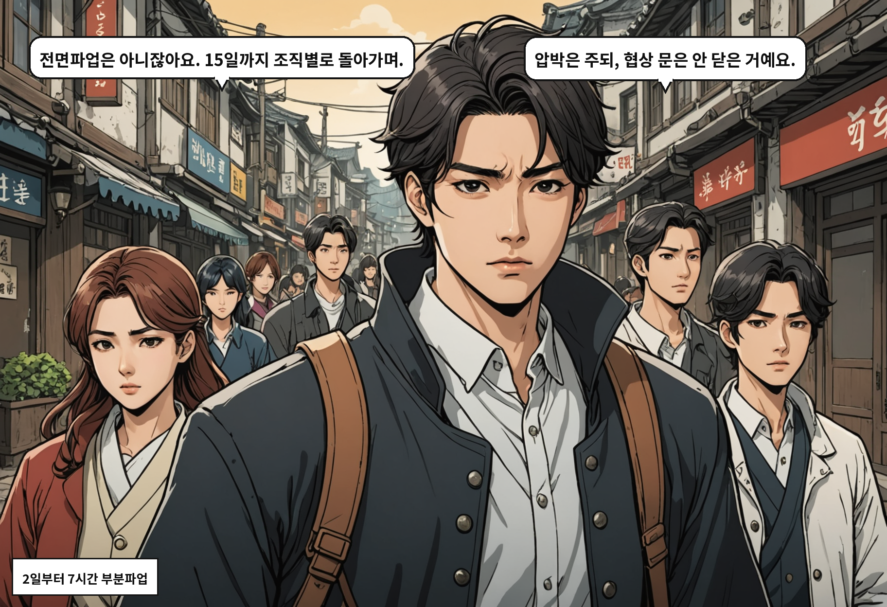 B: 전면파업은 아니잖아요. 15일까지 조직별로 돌아가며. A: 압박은 주되, 협상 문은 안 닫은 거예요.