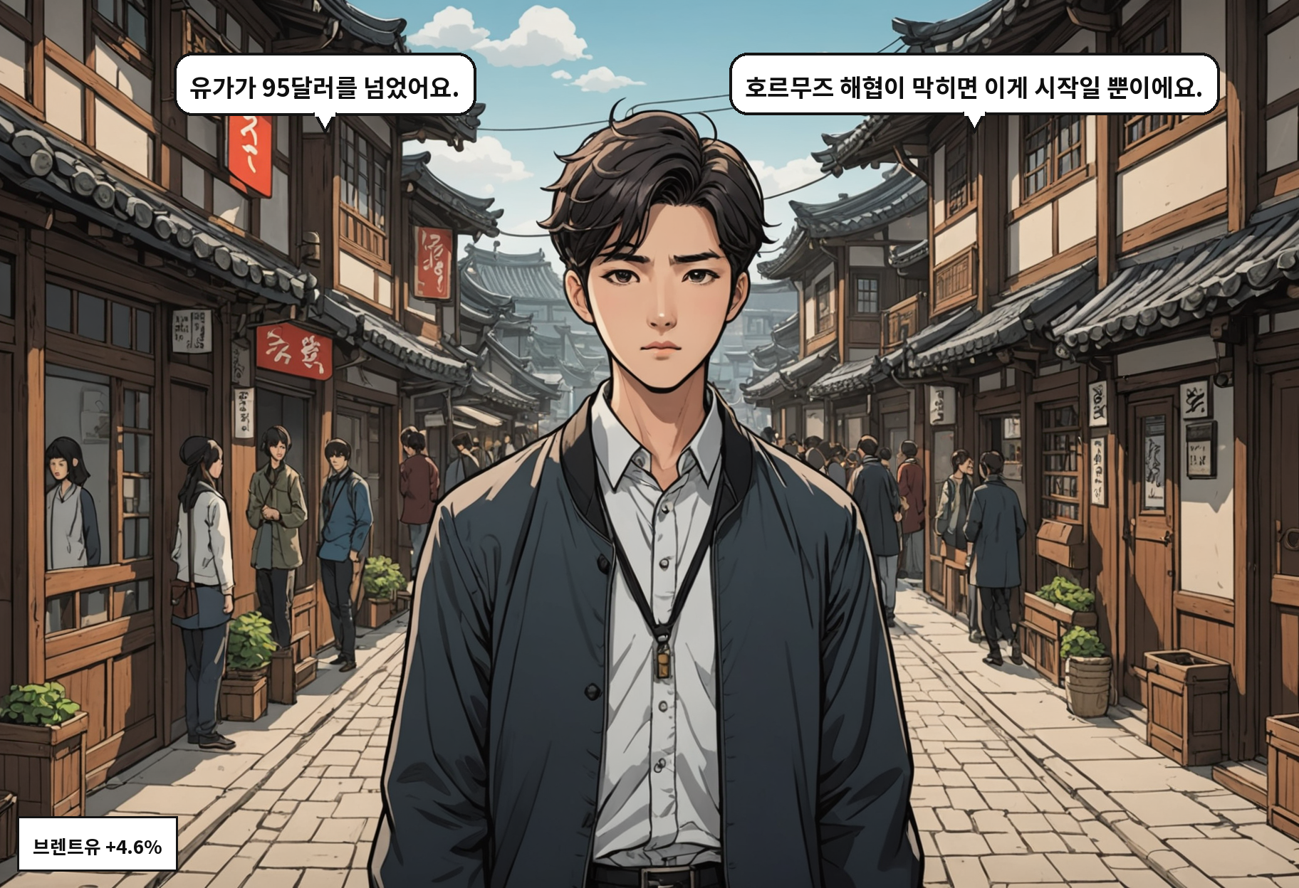 A: 유가가 95달러를 넘었어요. B: 호르무즈 해협이 막히면 이게 시작일 뿐이에요.