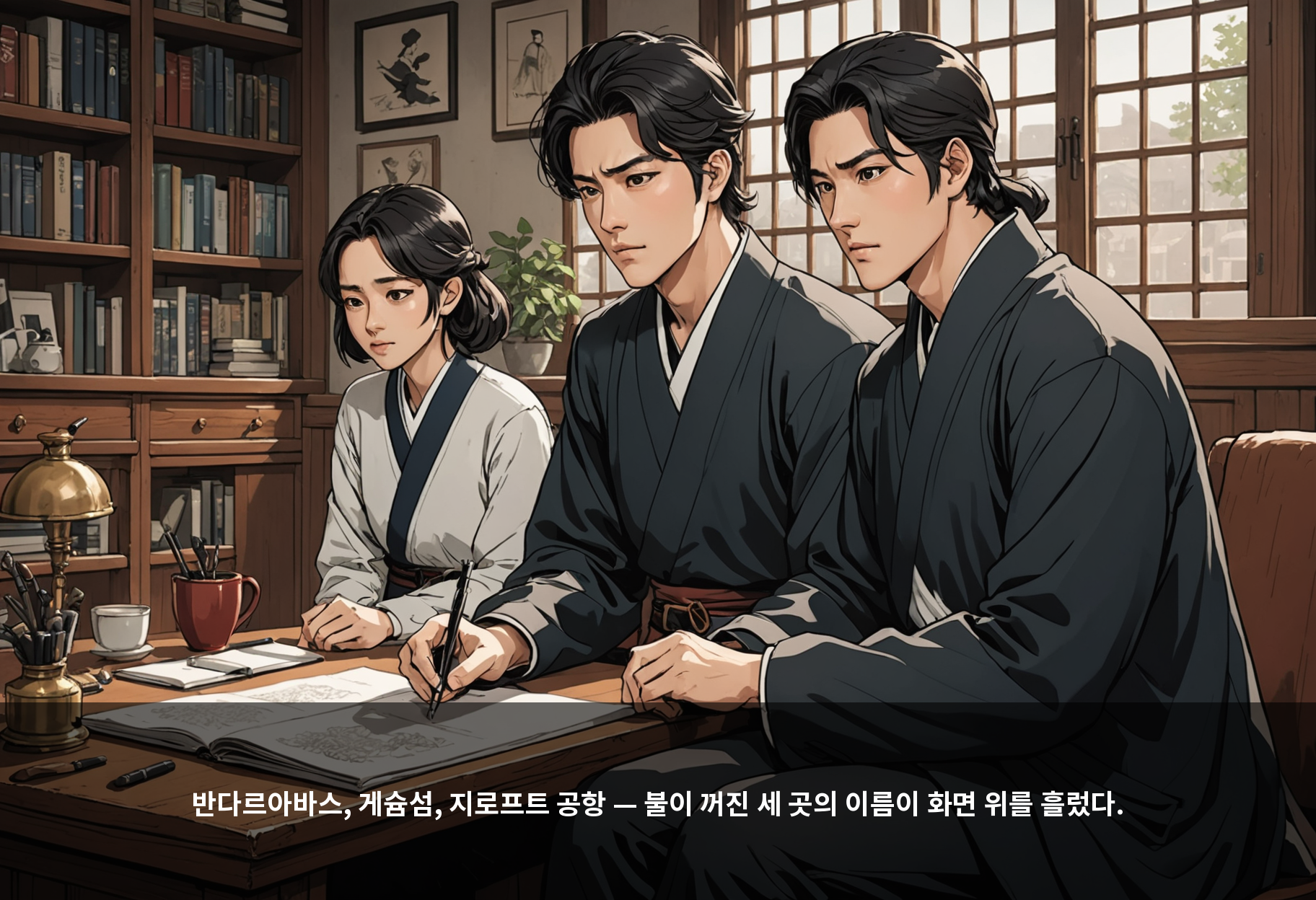 반다르아바스, 게슘섬, 지로프트 공항 — 불이 꺼진 세 곳의 이름이 화면 위를 흘렀다.
