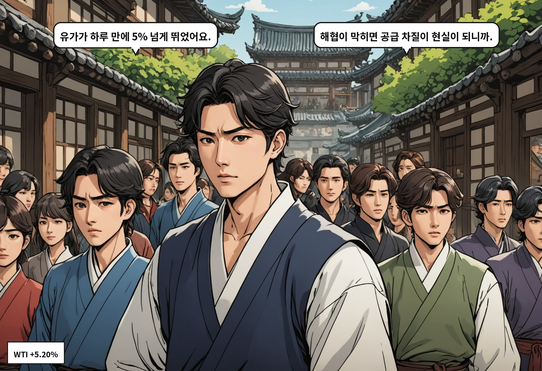 A: 유가가 하루 만에 5% 넘게 뛰었어요. B: 해협이 막히면 공급 차질이 현실이 되니까.