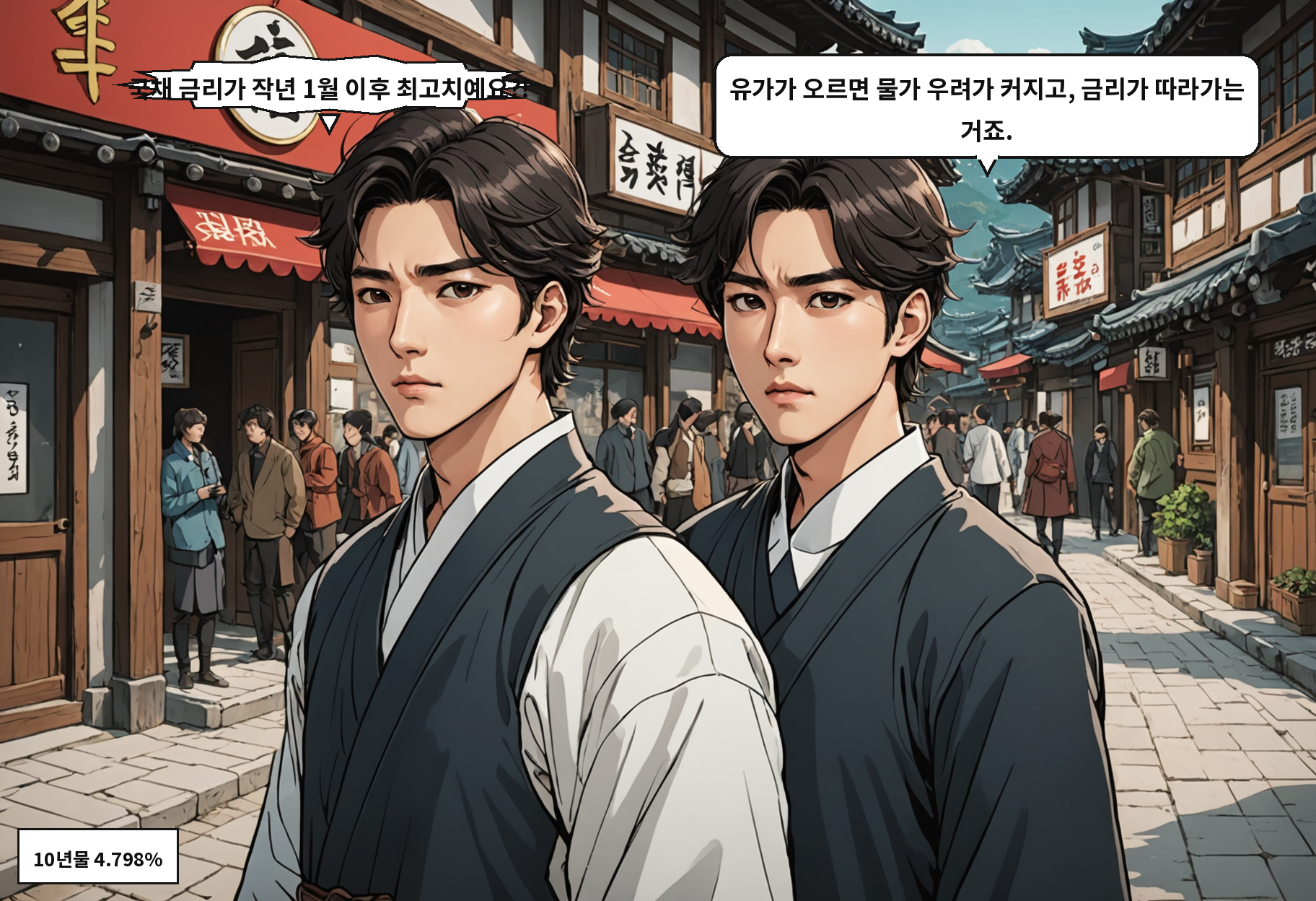 B: 국채 금리가 작년 1월 이후 최고치예요?! A: 유가가 오르면 물가 우려가 커지고, 금리가 따라가는 거죠.