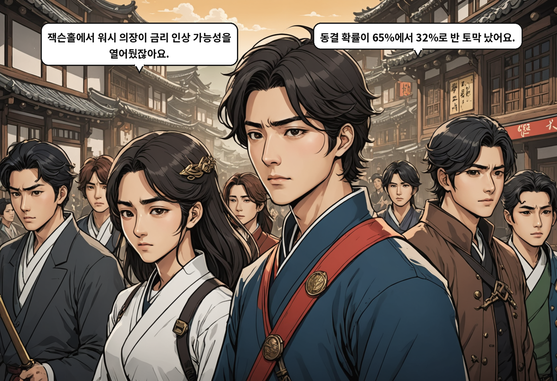 A: 잭슨홀에서 워시 의장이 금리 인상 가능성을 열어뒀잖아요. B: 동결 확률이 65%에서 32%로 반 토막 났어요.