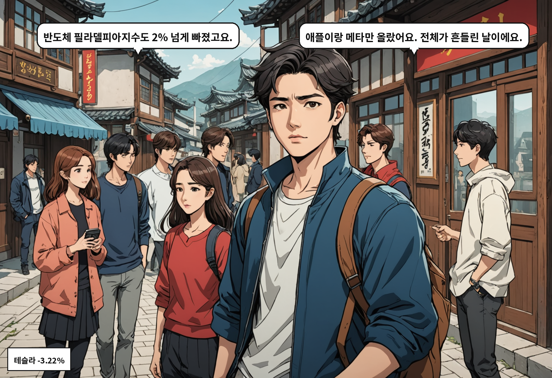 B: 반도체 필라델피아지수도 2% 넘게 빠졌고요. A: 애플이랑 메타만 올랐어요. 전체가 흔들린 날이에요.