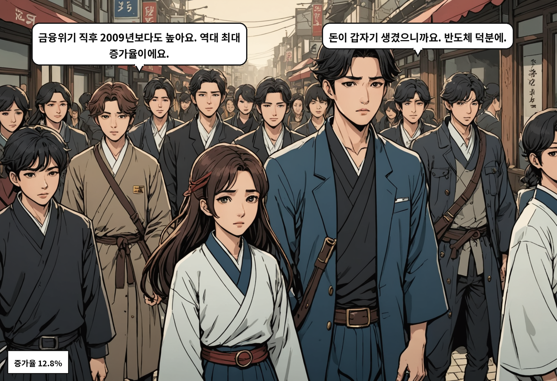 A: 금융위기 직후 2009년보다도 높아요. 역대 최대 증가율이에요. B: 돈이 갑자기 생겼으니까요. 반도체 덕분에.