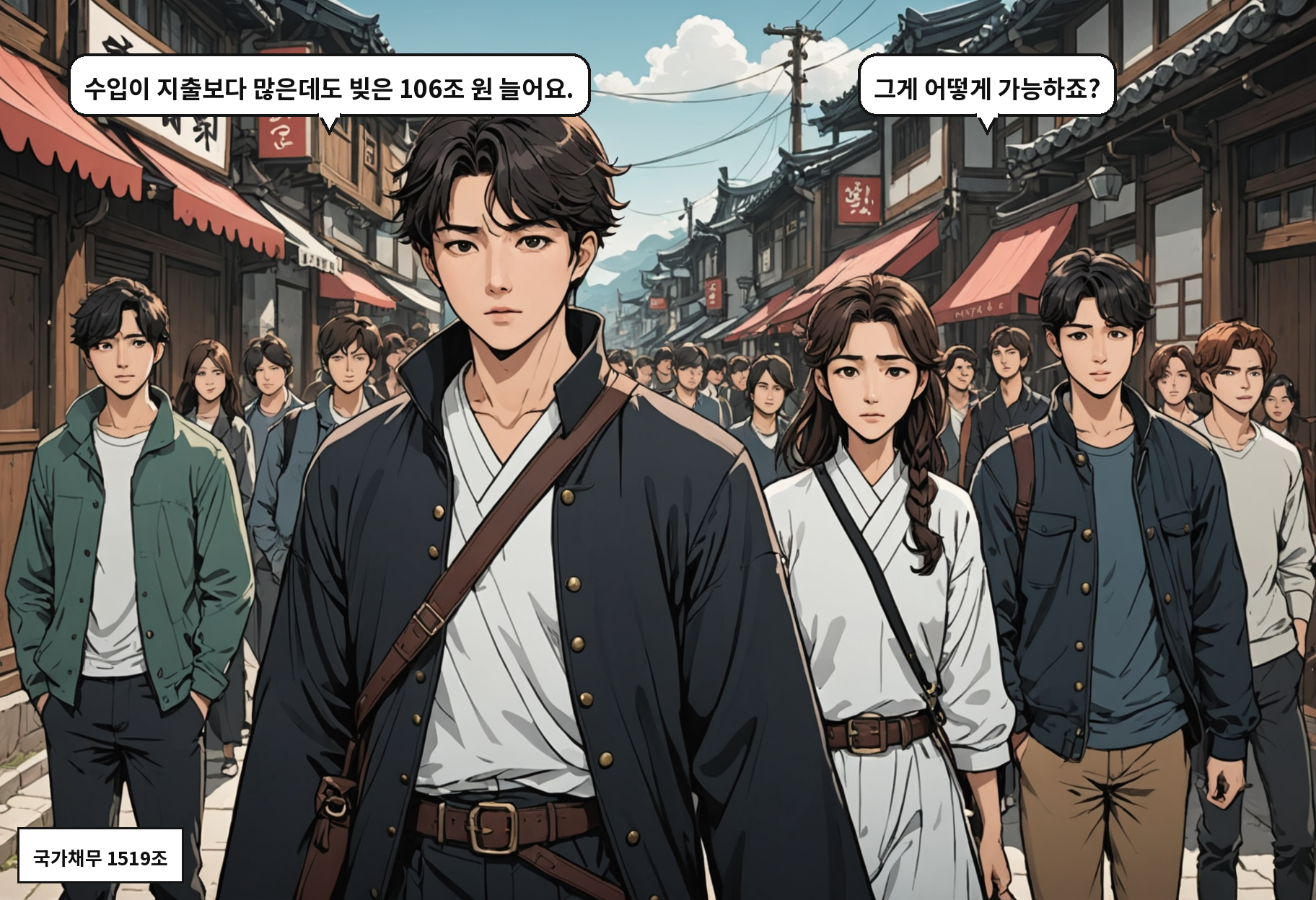 B: 수입이 지출보다 많은데도 빚은 106조 원 늘어요. A: 그게 어떻게 가능하죠?