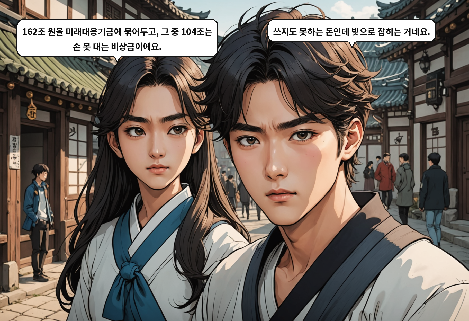 B: 162조 원을 미래대응기금에 묶어두고, 그 중 104조는 손 못 대는 비상금이에요. A: 쓰지도 못하는 돈인데 빚으로 잡히는 거네요.