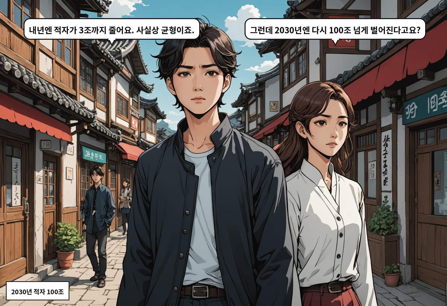 B: 내년엔 적자가 3조까지 줄어요. 사실상 균형이죠. A: 그런데 2030년엔 다시 100조 넘게 벌어진다고요?