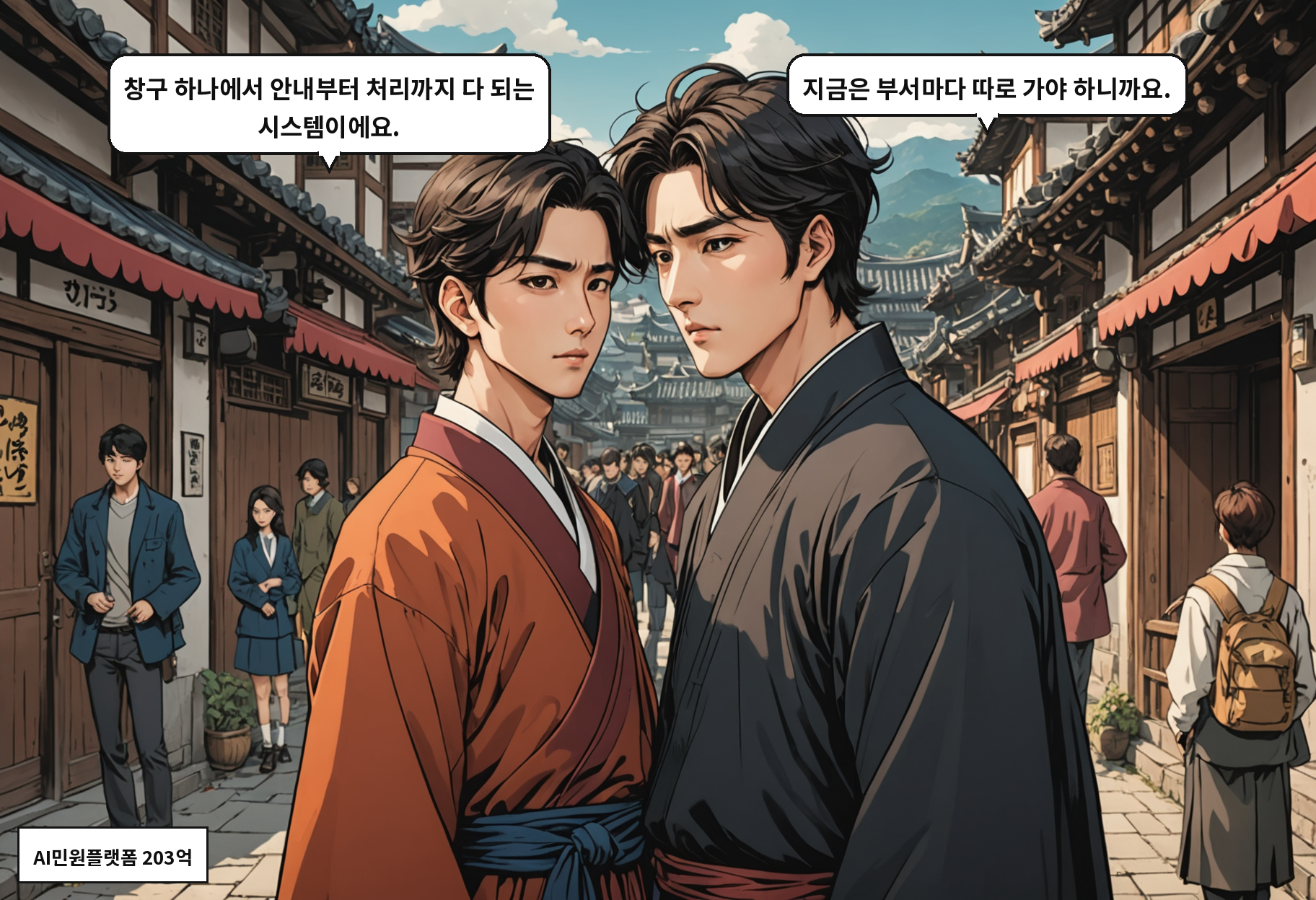 A: 창구 하나에서 안내부터 처리까지 다 되는 시스템이에요. B: 지금은 부서마다 따로 가야 하니까요.