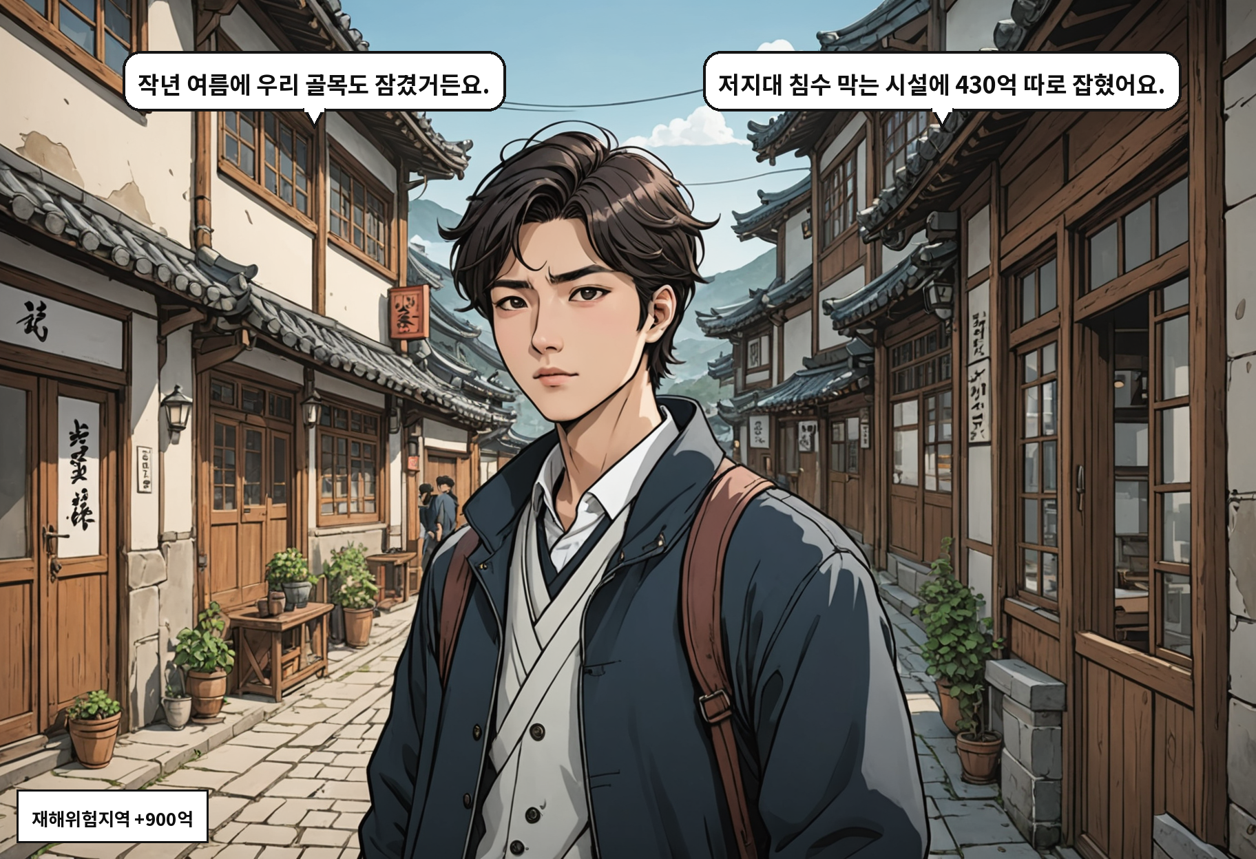B: 작년 여름에 우리 골목도 잠겼거든요. A: 저지대 침수 막는 시설에 430억 따로 잡혔어요.