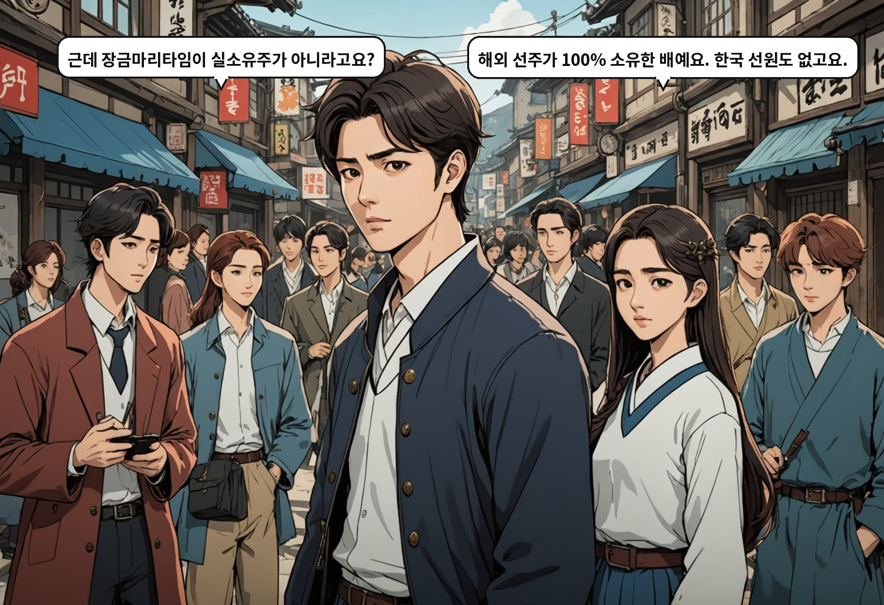 B: 근데 장금마리타임이 실소유주가 아니라고요? A: 해외 선주가 100% 소유한 배예요. 한국 선원도 없고요.