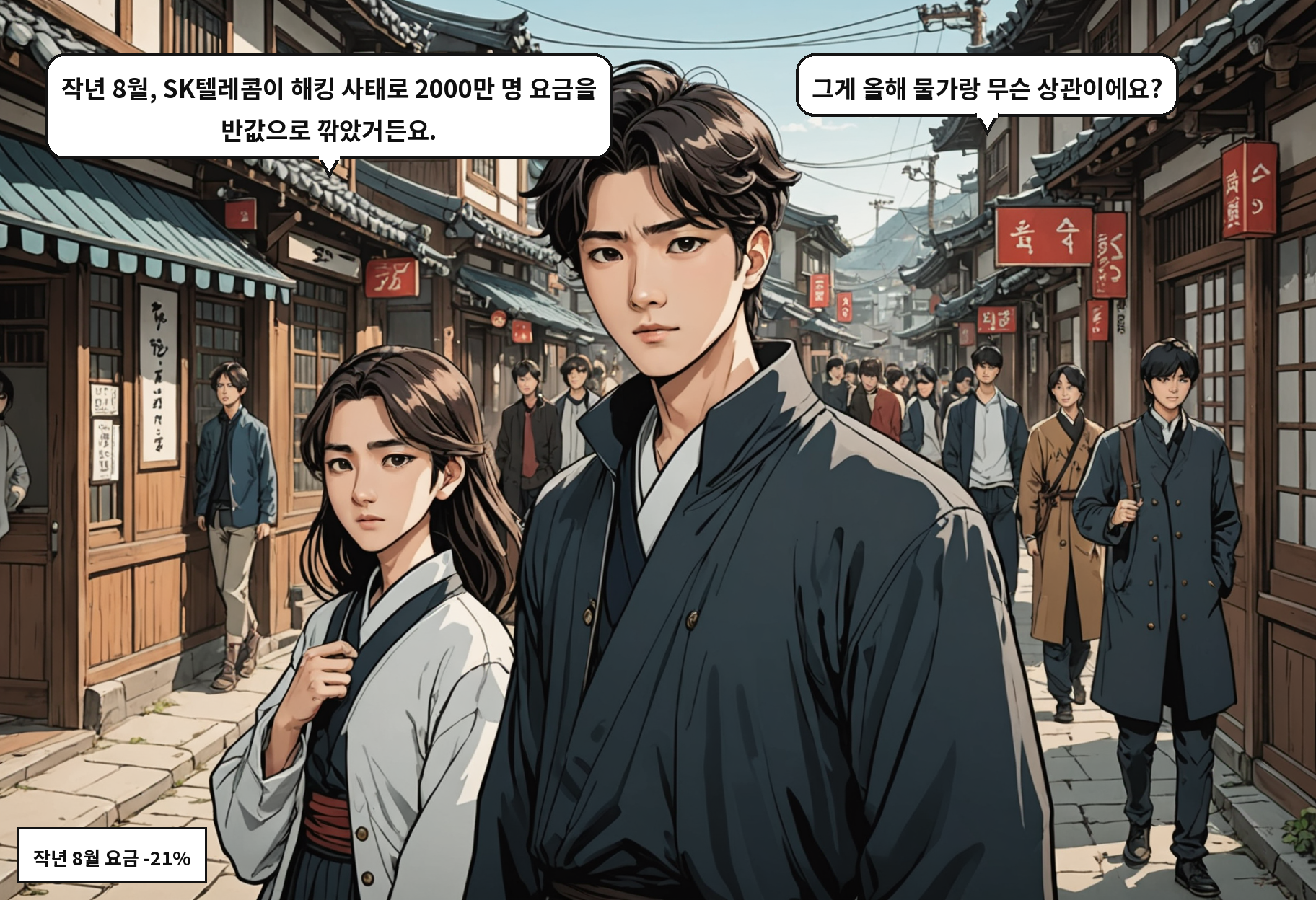 B: 작년 8월, SK텔레콤이 해킹 사태로 2000만 명 요금을 반값으로 깎았거든요. A: 그게 올해 물가랑 무슨 상관이에요?