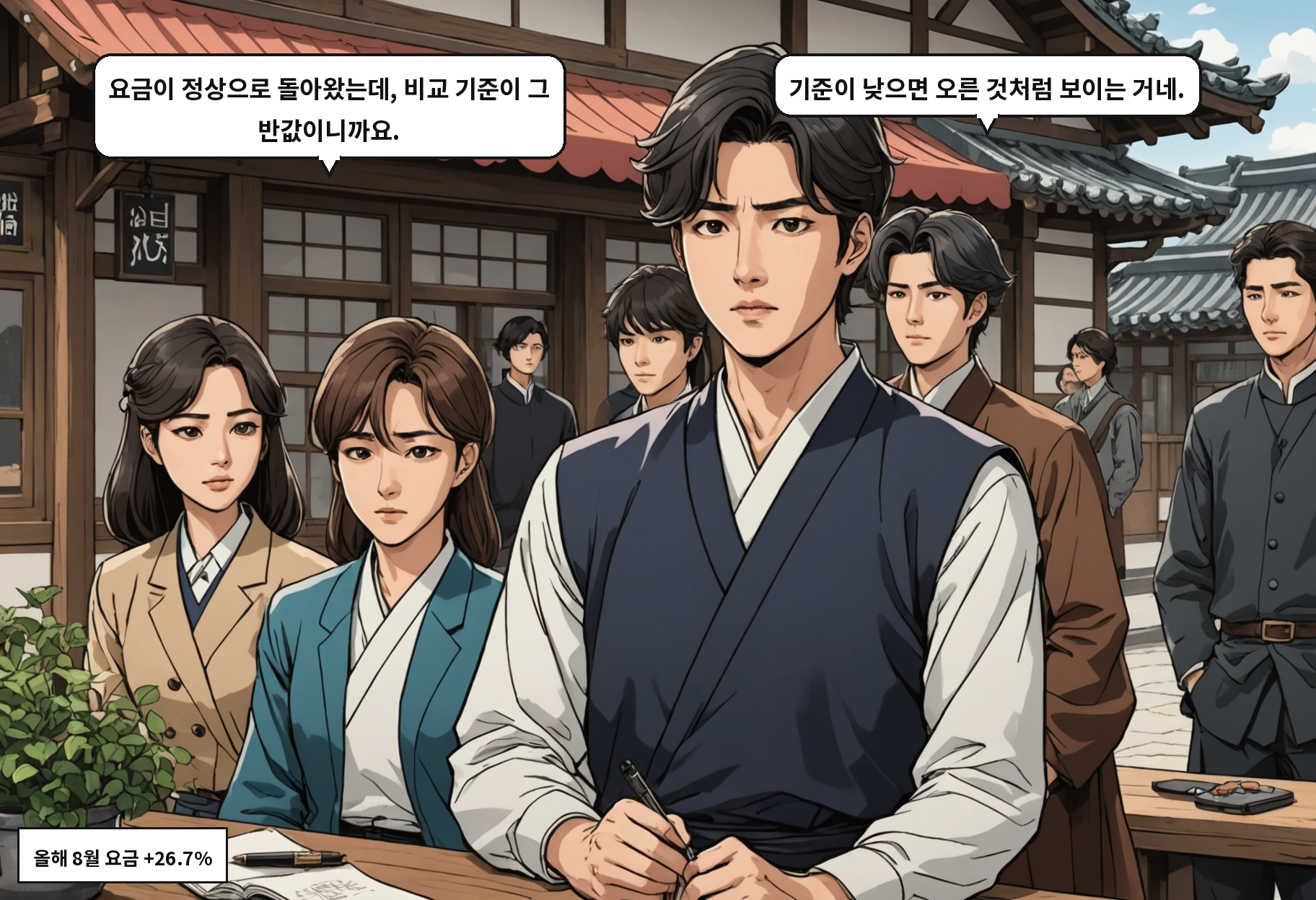 B: 요금이 정상으로 돌아왔는데, 비교 기준이 그 반값이니까요. A: 기준이 낮으면 오른 것처럼 보이는 거네.