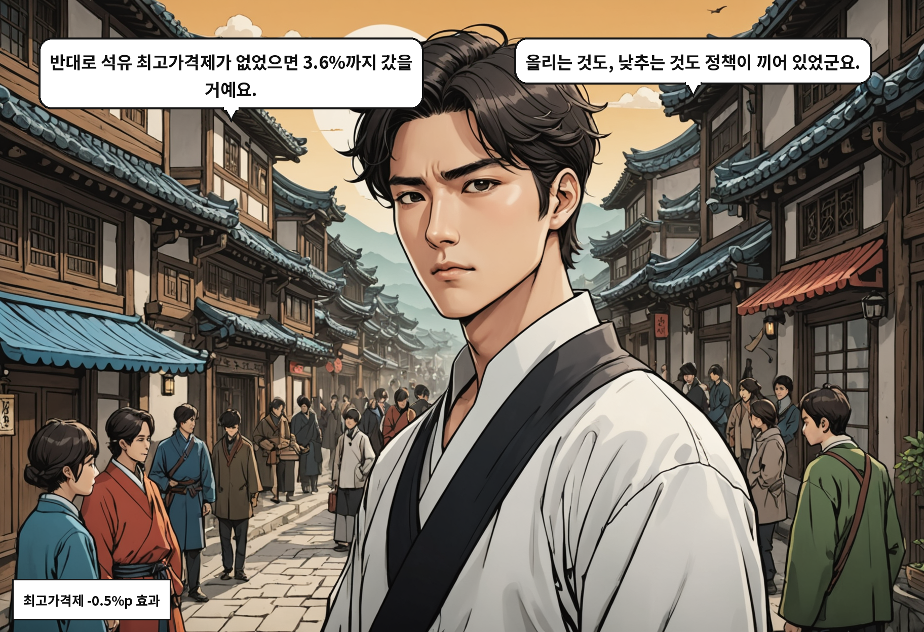 B: 반대로 석유 최고가격제가 없었으면 3.6%까지 갔을 거예요. A: 올리는 것도, 낮추는 것도 정책이 끼어 있었군요.