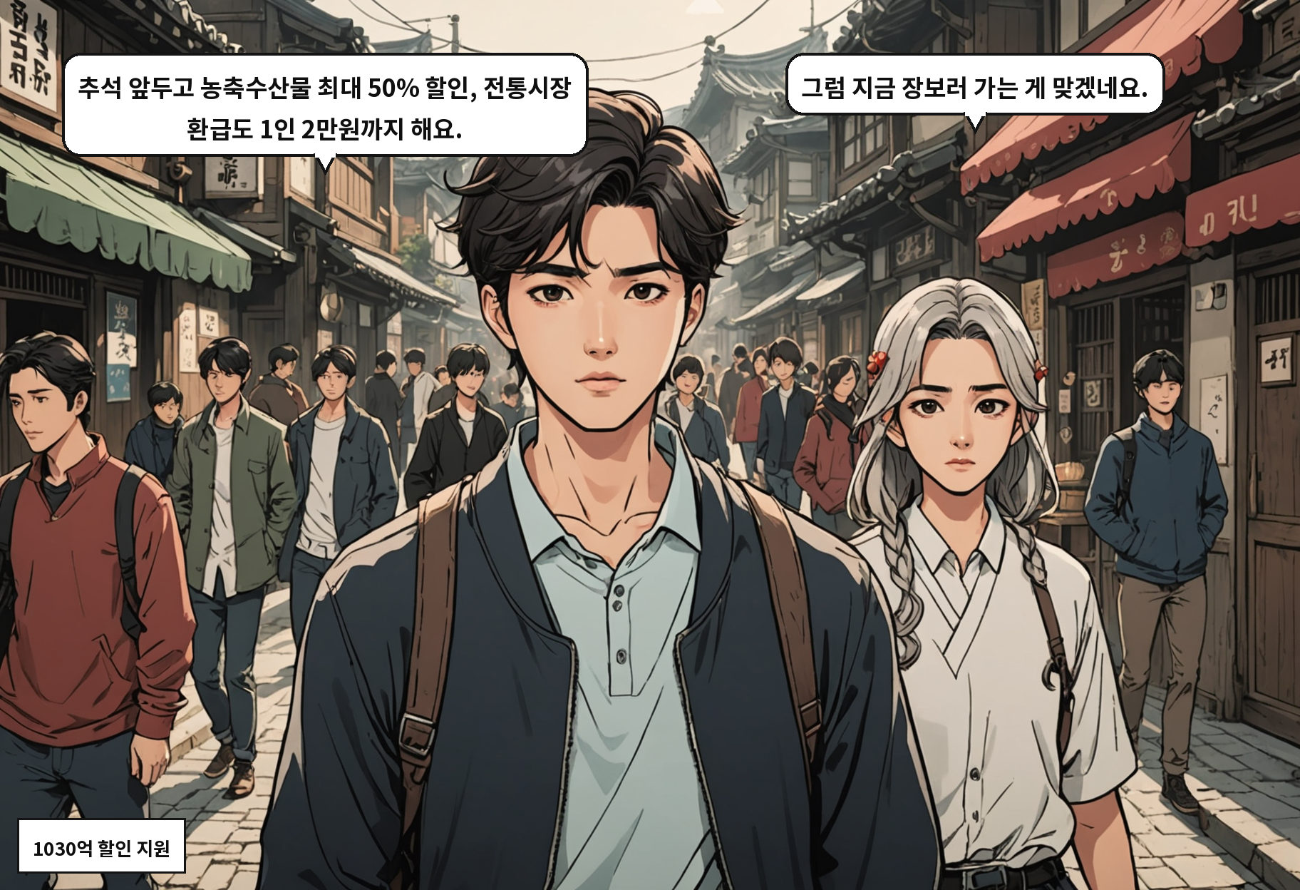 B: 추석 앞두고 농축수산물 최대 50% 할인, 전통시장 환급도 1인 2만원까지 해요. A: 그럼 지금 장보러 가는 게 맞겠네요.