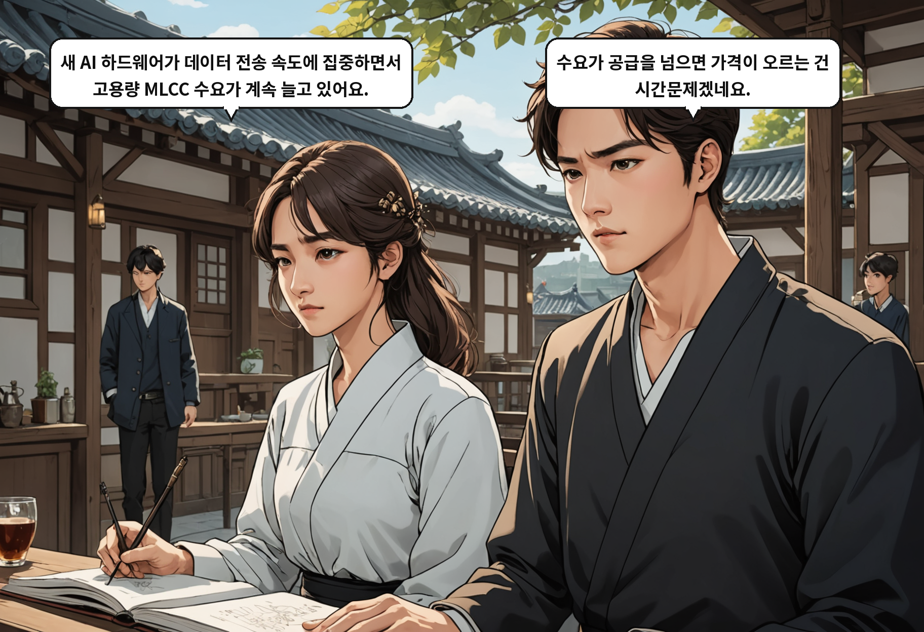 A: 새 AI 하드웨어가 데이터 전송 속도에 집중하면서 고용량 MLCC 수요가 계속 늘고 있어요. B: 수요가 공급을 넘으면 가격이 오르는 건 시간문제겠네요.