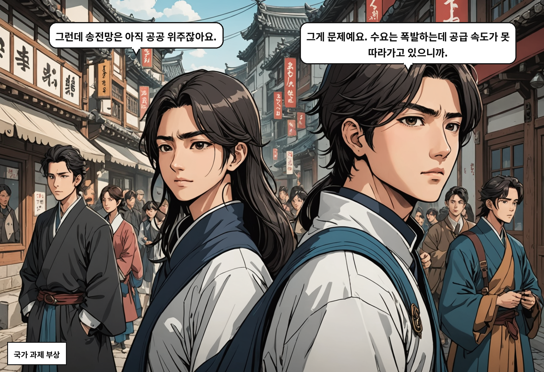 A: 그런데 송전망은 아직 공공 위주잖아요. B: 그게 문제예요. 수요는 폭발하는데 공급 속도가 못 따라가고 있으니까.