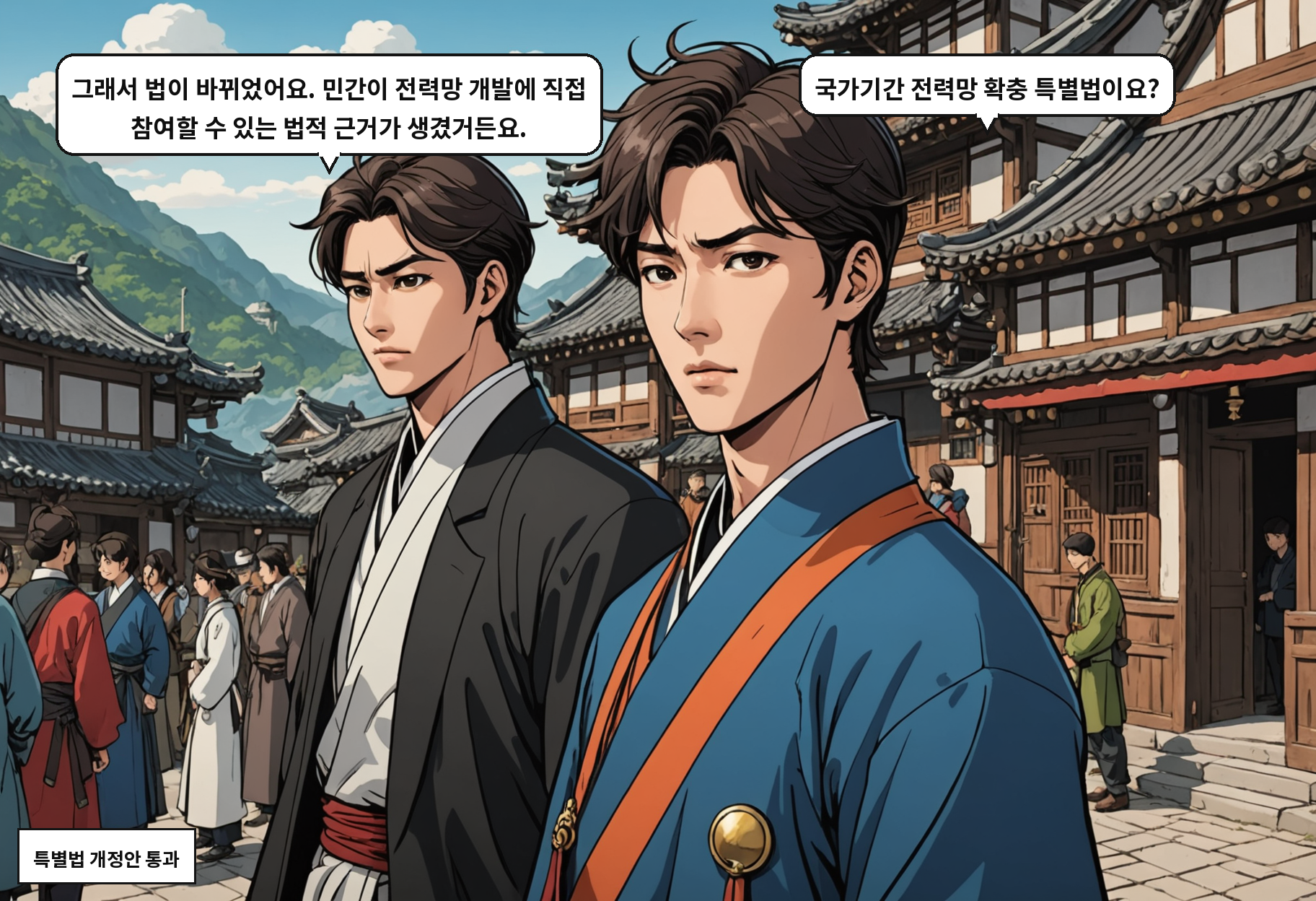 B: 그래서 법이 바뀌었어요. 민간이 전력망 개발에 직접 참여할 수 있는 법적 근거가 생겼거든요. A: 국가기간 전력망 확충 특별법이요?