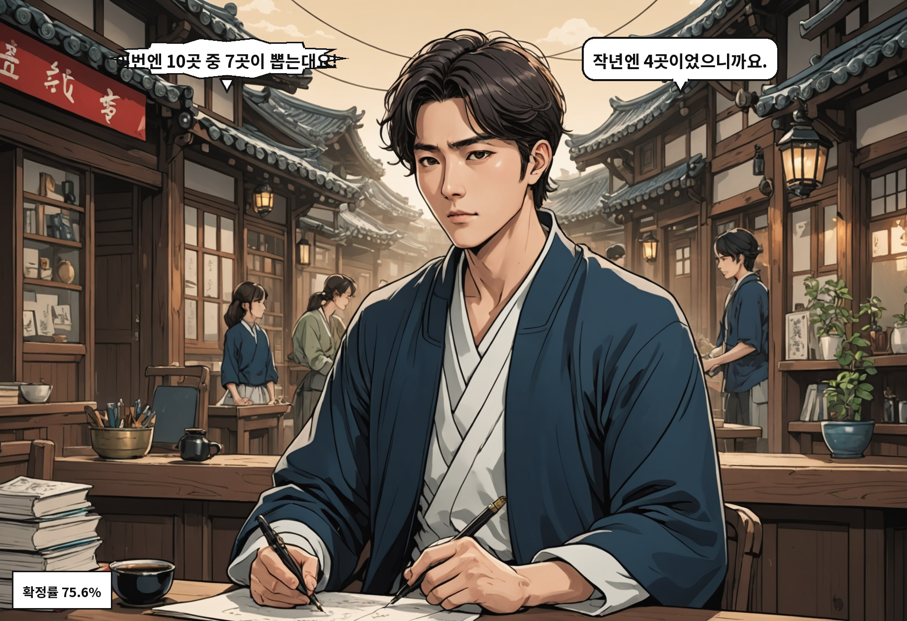 A: 이번엔 10곳 중 7곳이 뽑는대요! B: 작년엔 4곳이었으니까요.