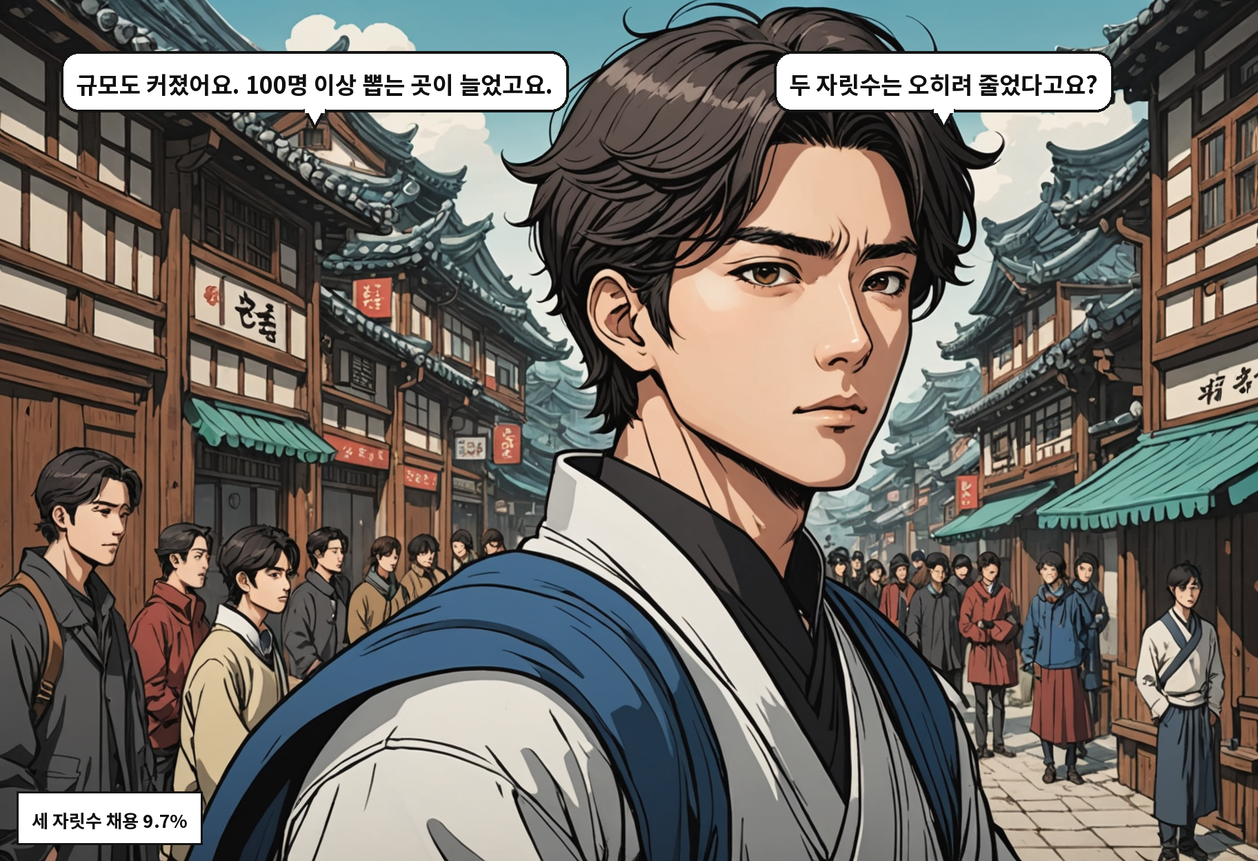 B: 규모도 커졌어요. 100명 이상 뽑는 곳이 늘었고요. A: 두 자릿수는 오히려 줄었다고요?