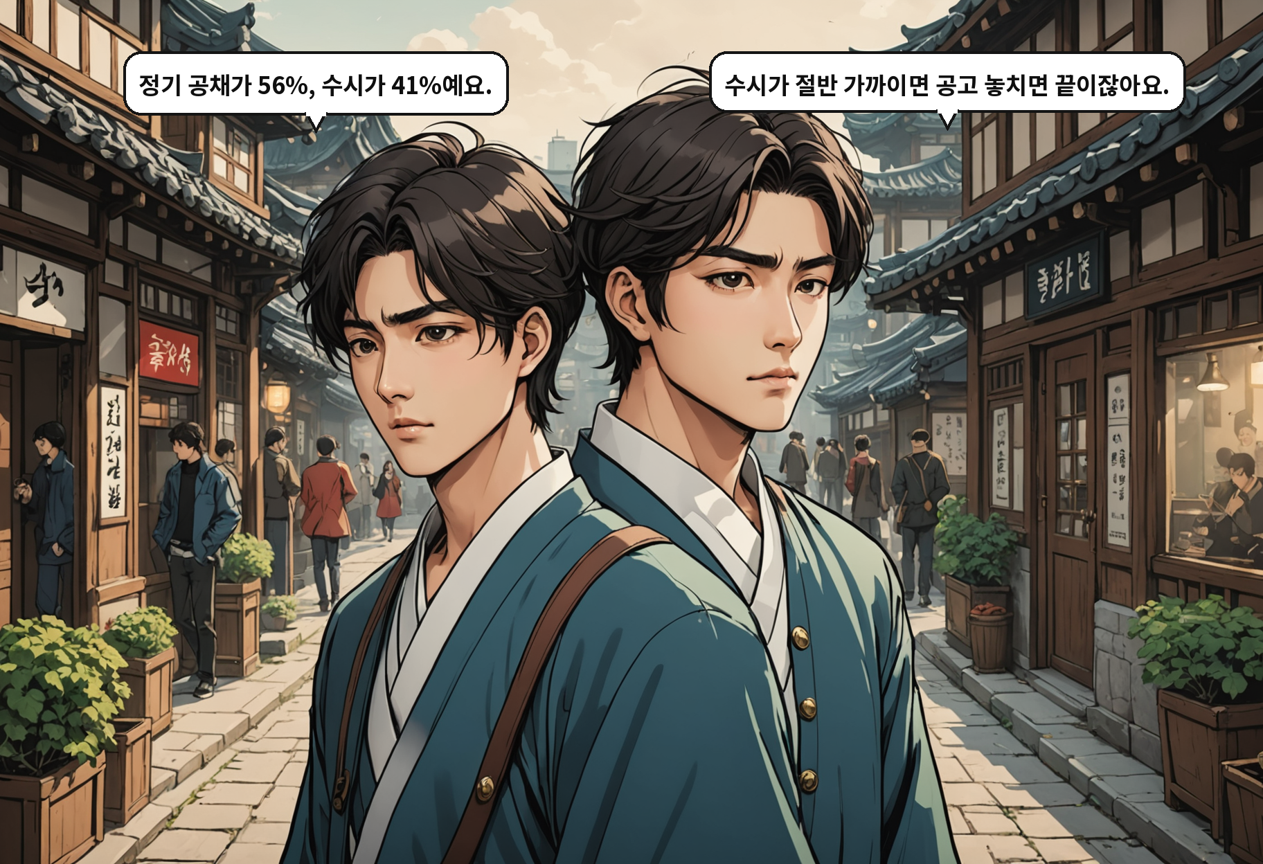 B: 정기 공채가 56%, 수시가 41%예요. A: 수시가 절반 가까이면 공고 놓치면 끝이잖아요.