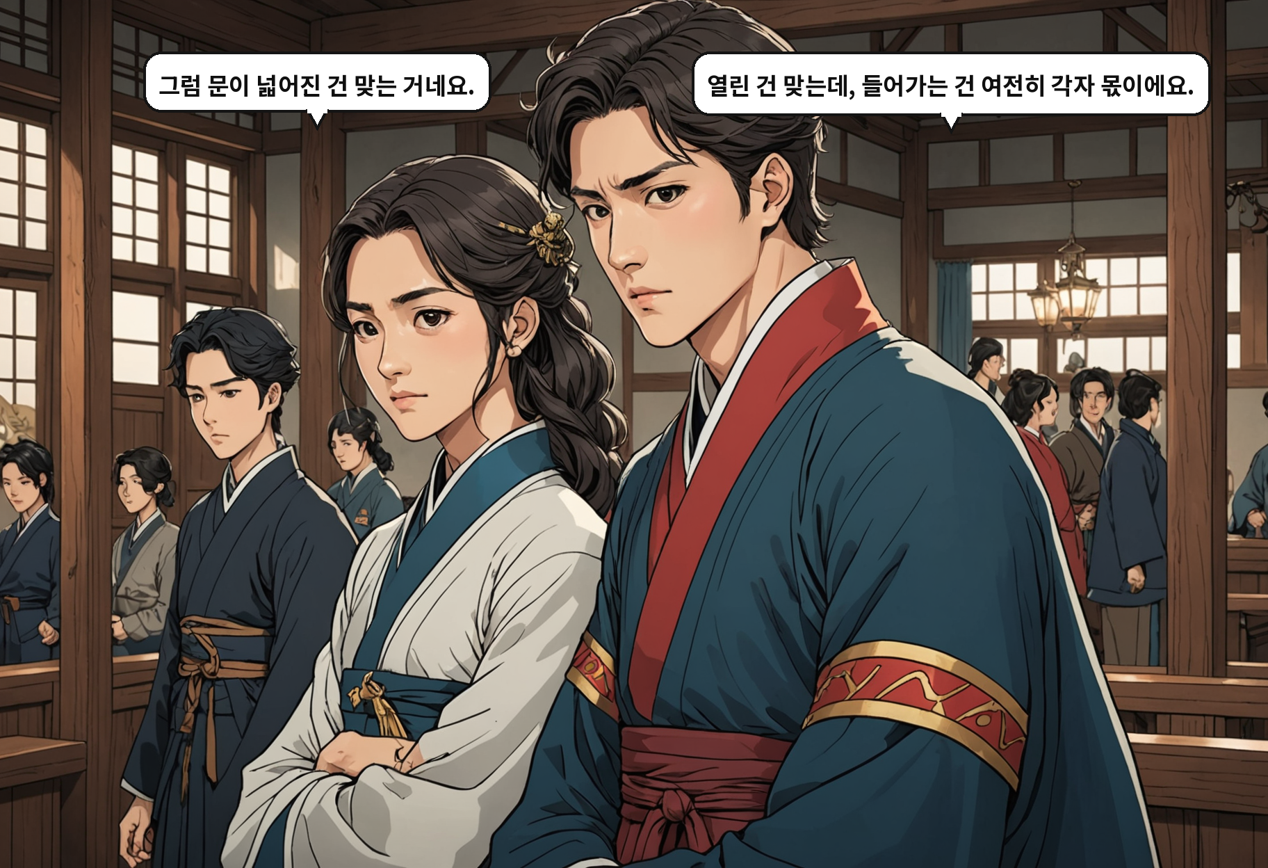 A: 그럼 문이 넓어진 건 맞는 거네요. B: 열린 건 맞는데, 들어가는 건 여전히 각자 몫이에요.