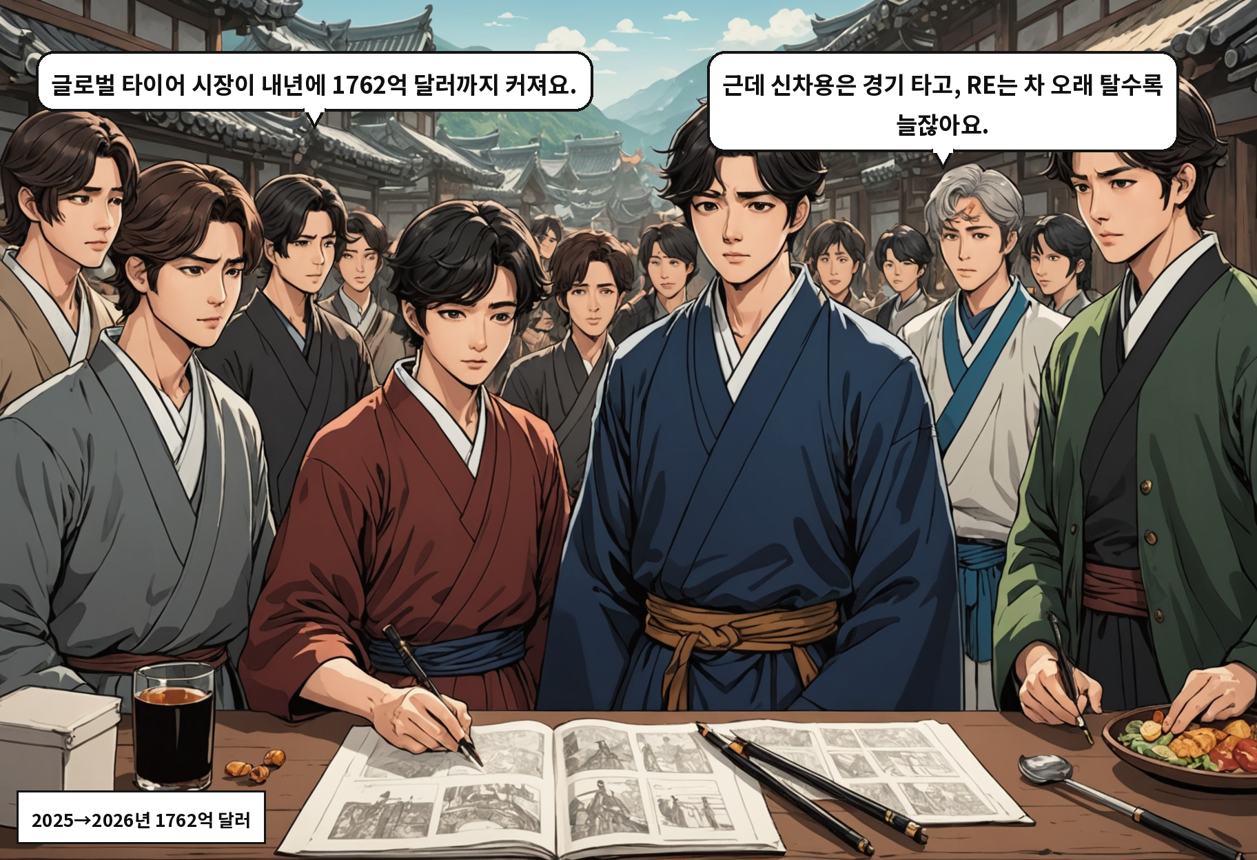 A: 글로벌 타이어 시장이 내년에 1762억 달러까지 커져요. B: 근데 신차용은 경기 타고, RE는 차 오래 탈수록 늘잖아요.