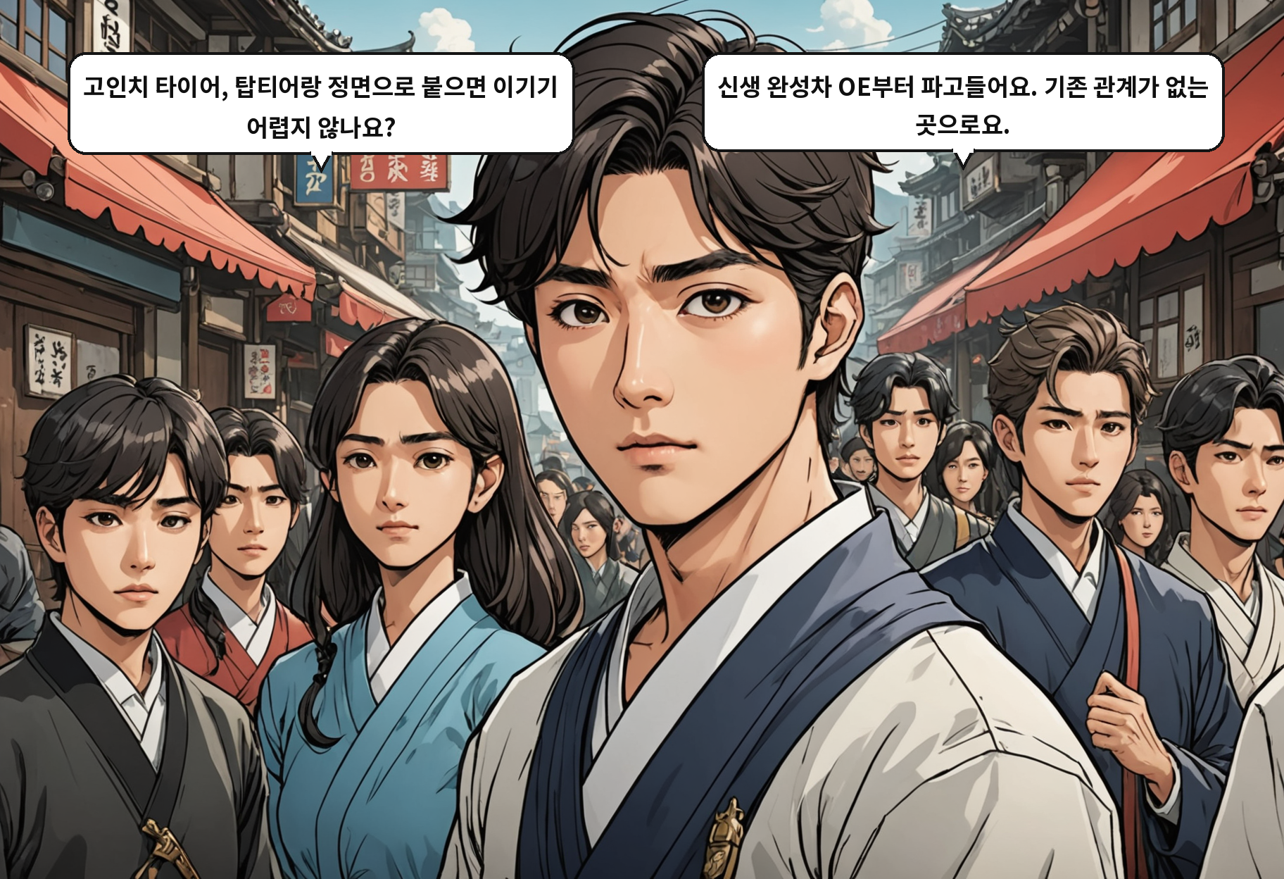 B: 고인치 타이어, 탑티어랑 정면으로 붙으면 이기기 어렵지 않나요? A: 신생 완성차 OE부터 파고들어요. 기존 관계가 없는 곳으로요.
