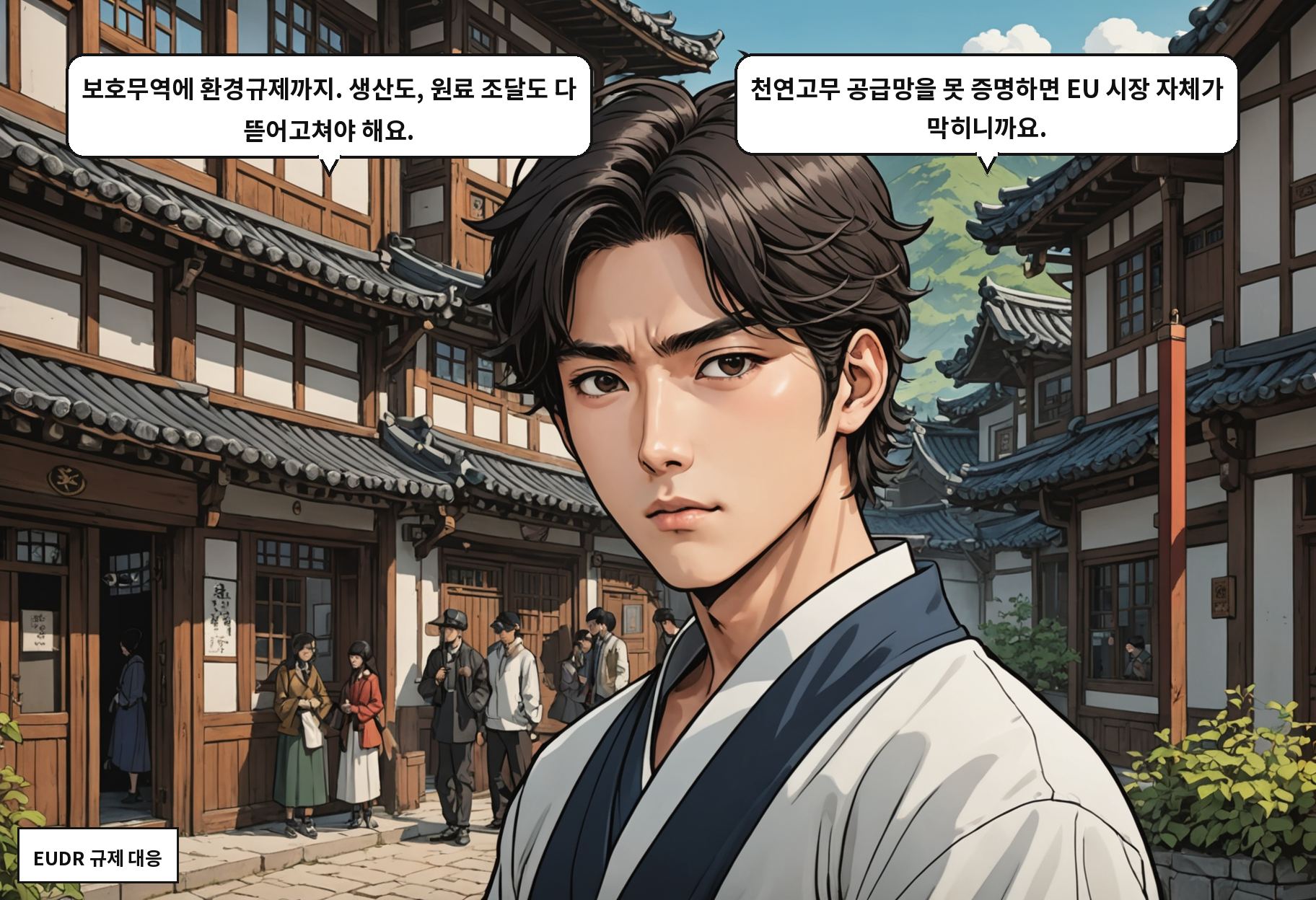 A: 보호무역에 환경규제까지. 생산도, 원료 조달도 다 뜯어고쳐야 해요. B: 천연고무 공급망을 못 증명하면 EU 시장 자체가 막히니까요.