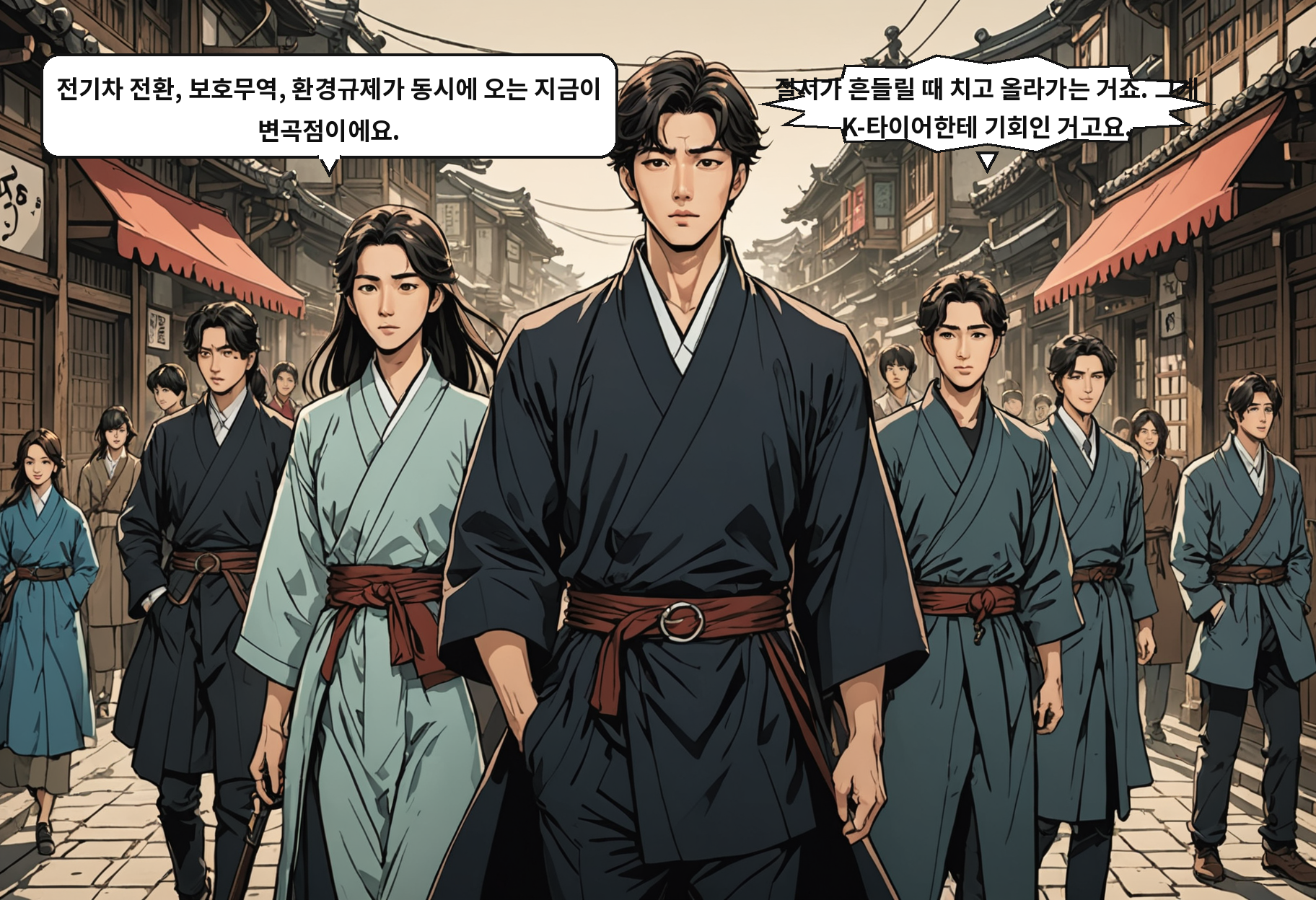 A: 전기차 전환, 보호무역, 환경규제가 동시에 오는 지금이 변곡점이에요. B: 질서가 흔들릴 때 치고 올라가는 거죠. 그게 K-타이어한테 기회인 거고요.